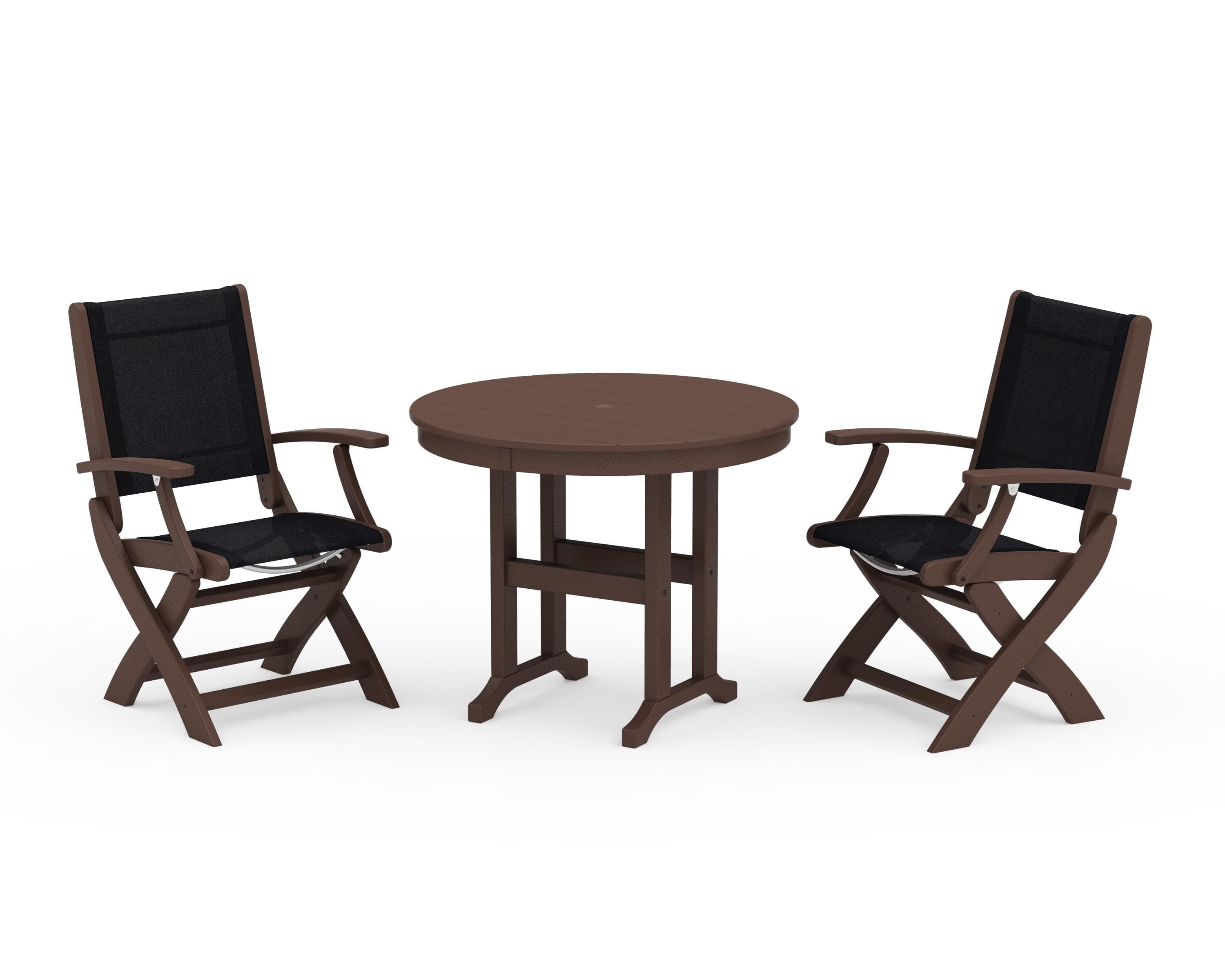 POLYWOOD Coastal Folding Chair 3-Piece Round Dining Set in Mahogany / Black Sling