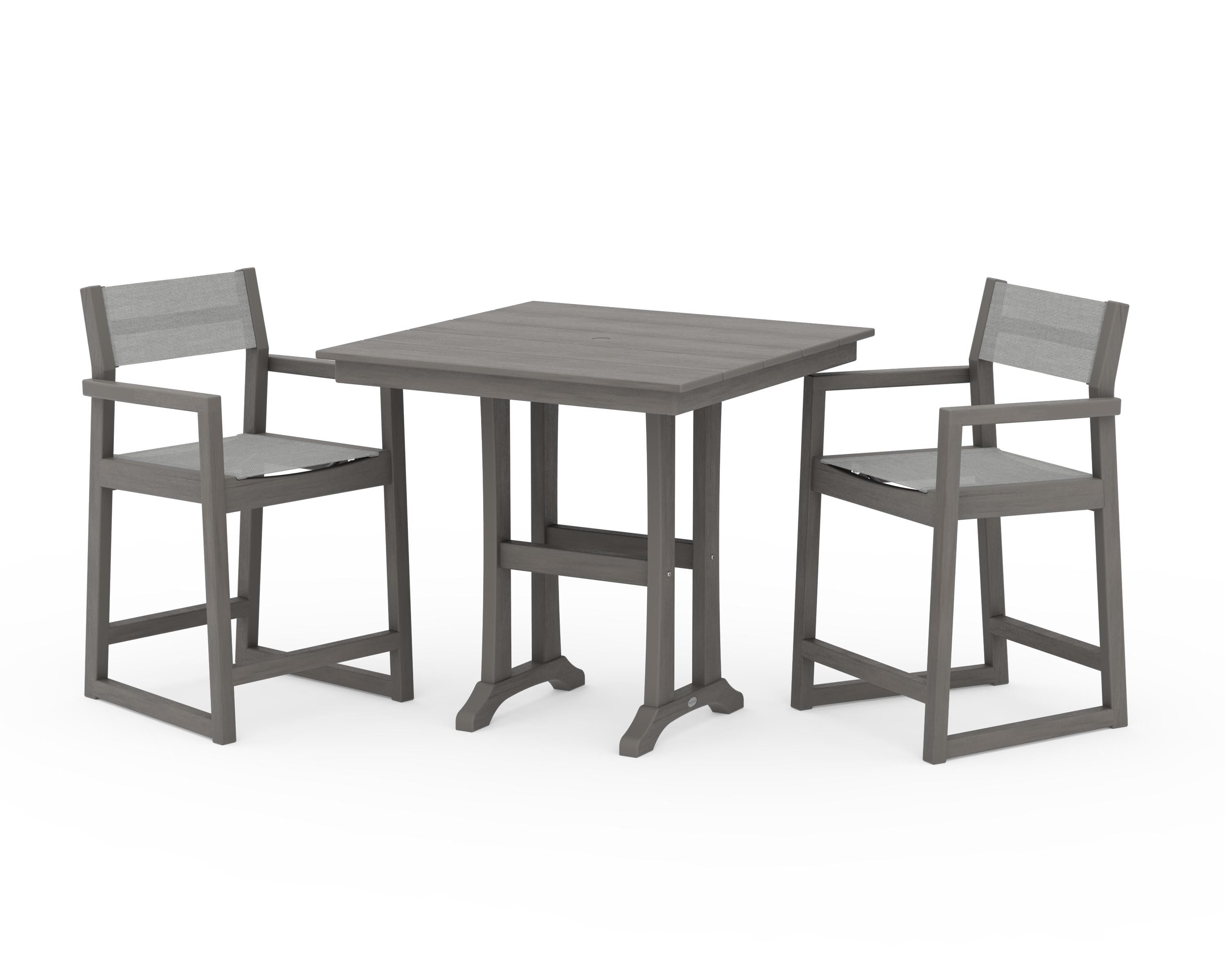POLYWOOD EDGE Sling Arm Chair 3-Piece Farmhouse Counter Set with Trestle Legs in Driftwood / Metallic Sling