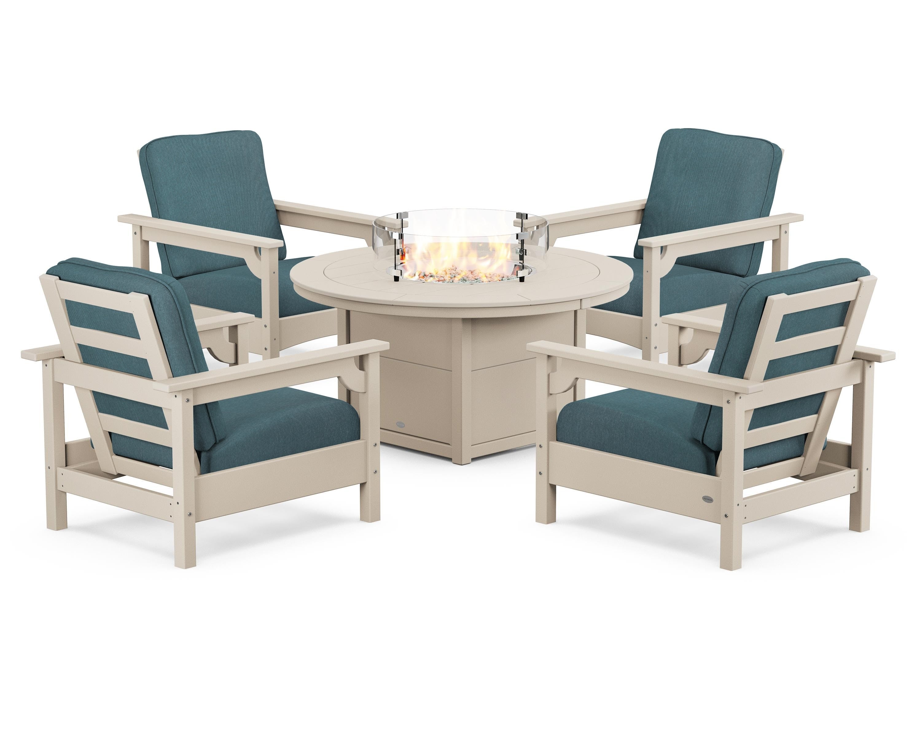POLYWOOD Club 5-Piece Conversation Set with Fire Pit Table in Sand / Ocean Teal