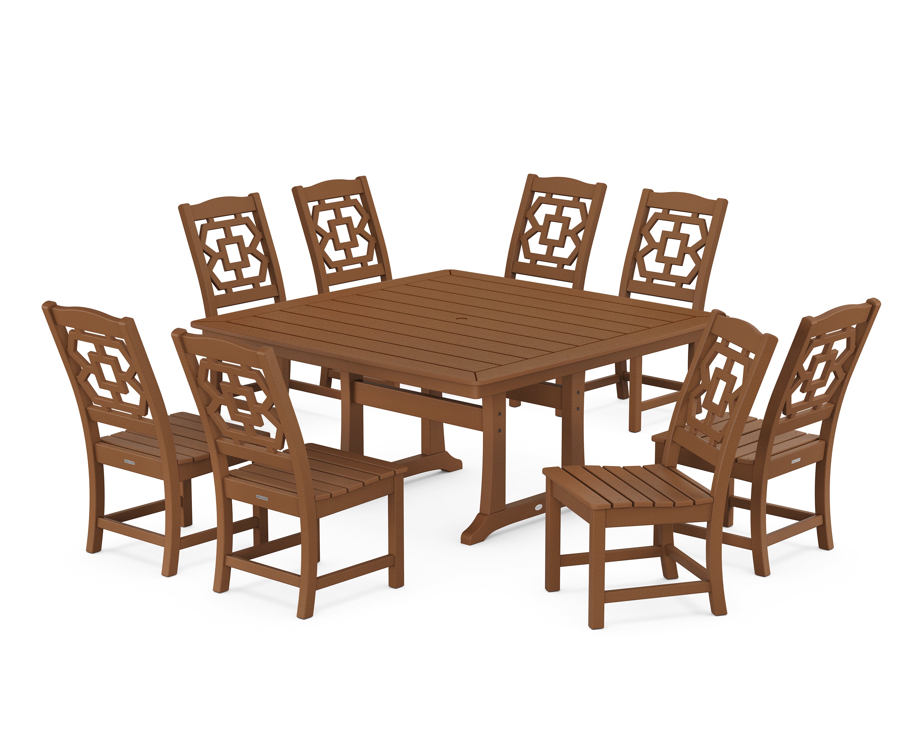 Martha Stewart by POLYWOOD® Chinoiserie 9-Piece Square Side Chair Dining Set with Trestle Legs in Teak