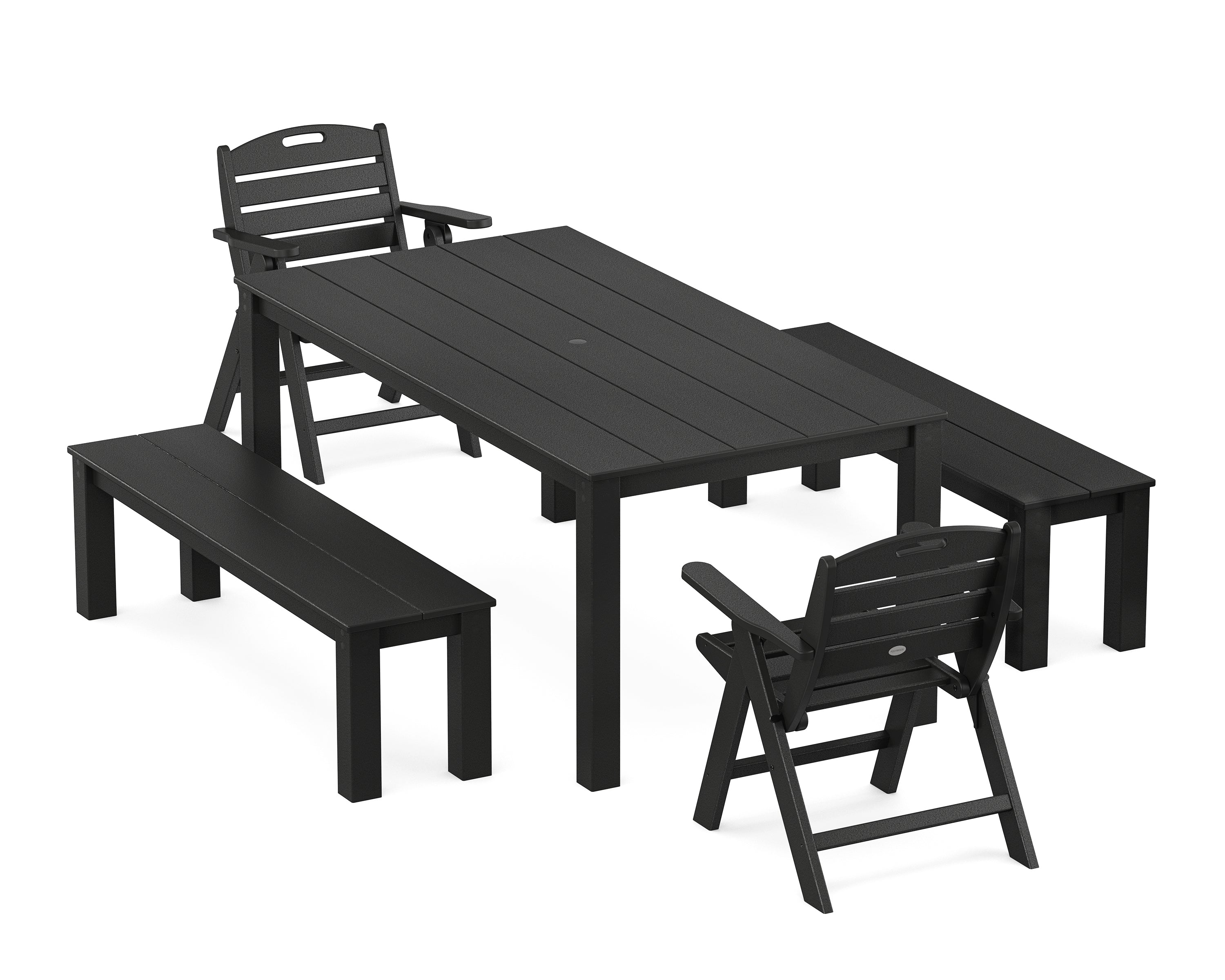 POLYWOOD Nautical Folding Lowback Chair 5-Piece Parsons Dining Set with Benches in Black