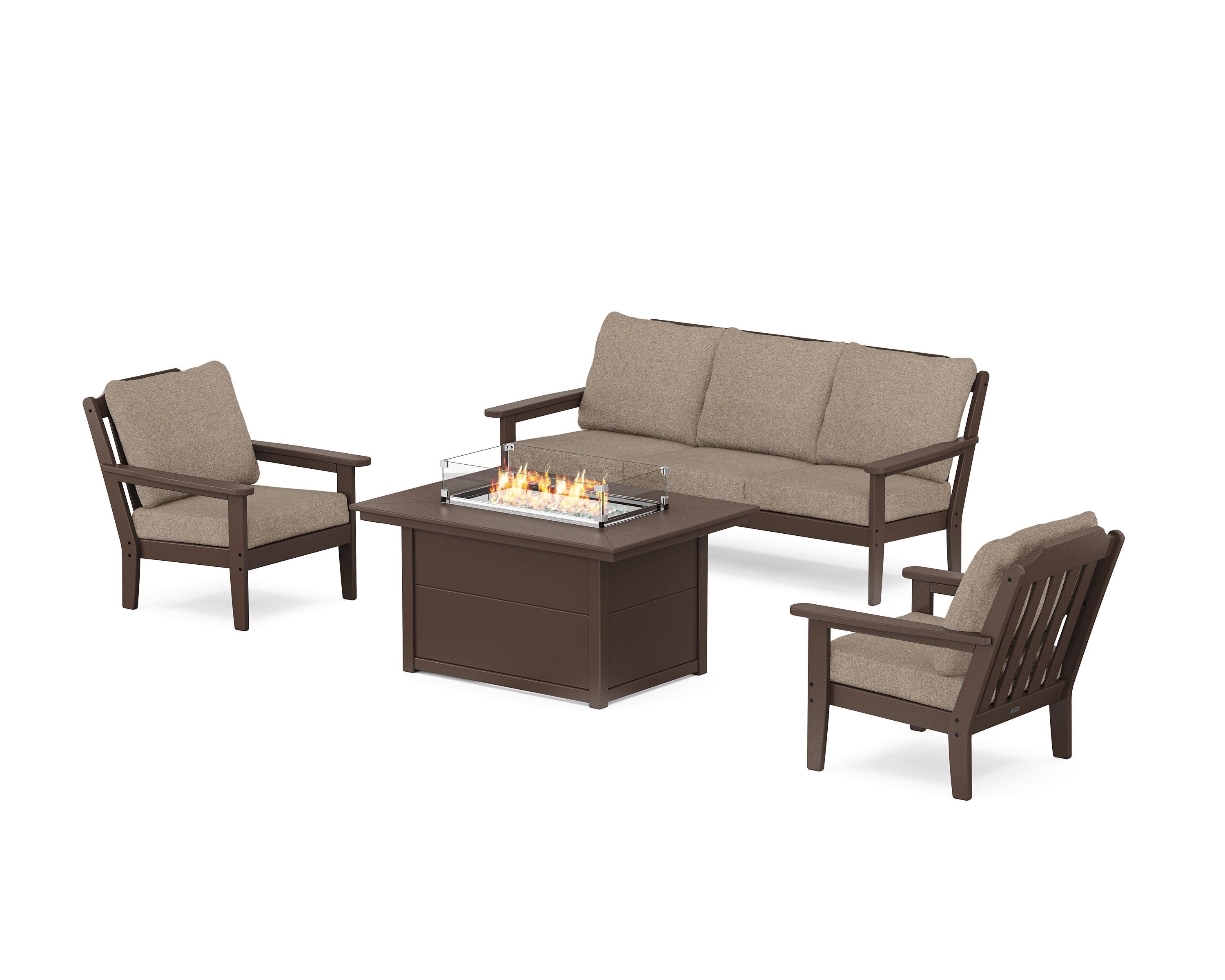 Country Living Cottage Deep Seating Fire Pit Table Set in Mahogany / Spiced Burlap
