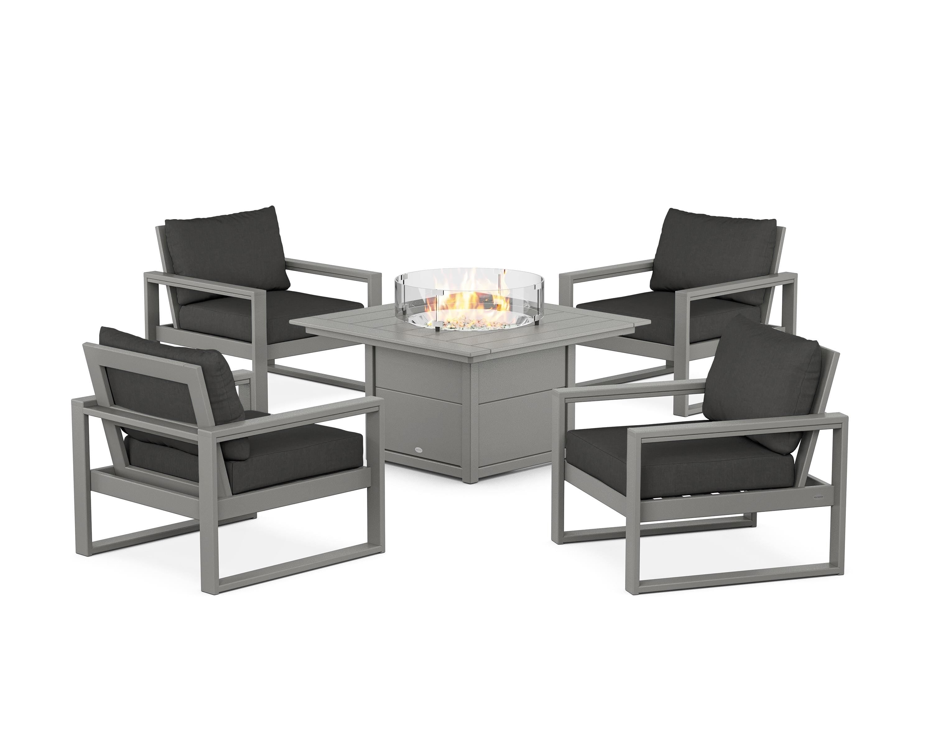 POLYWOOD EDGE Sectional 5-Piece Deep Seating Set with Fire Pit Table in Slate Grey / Spectrum Carbon