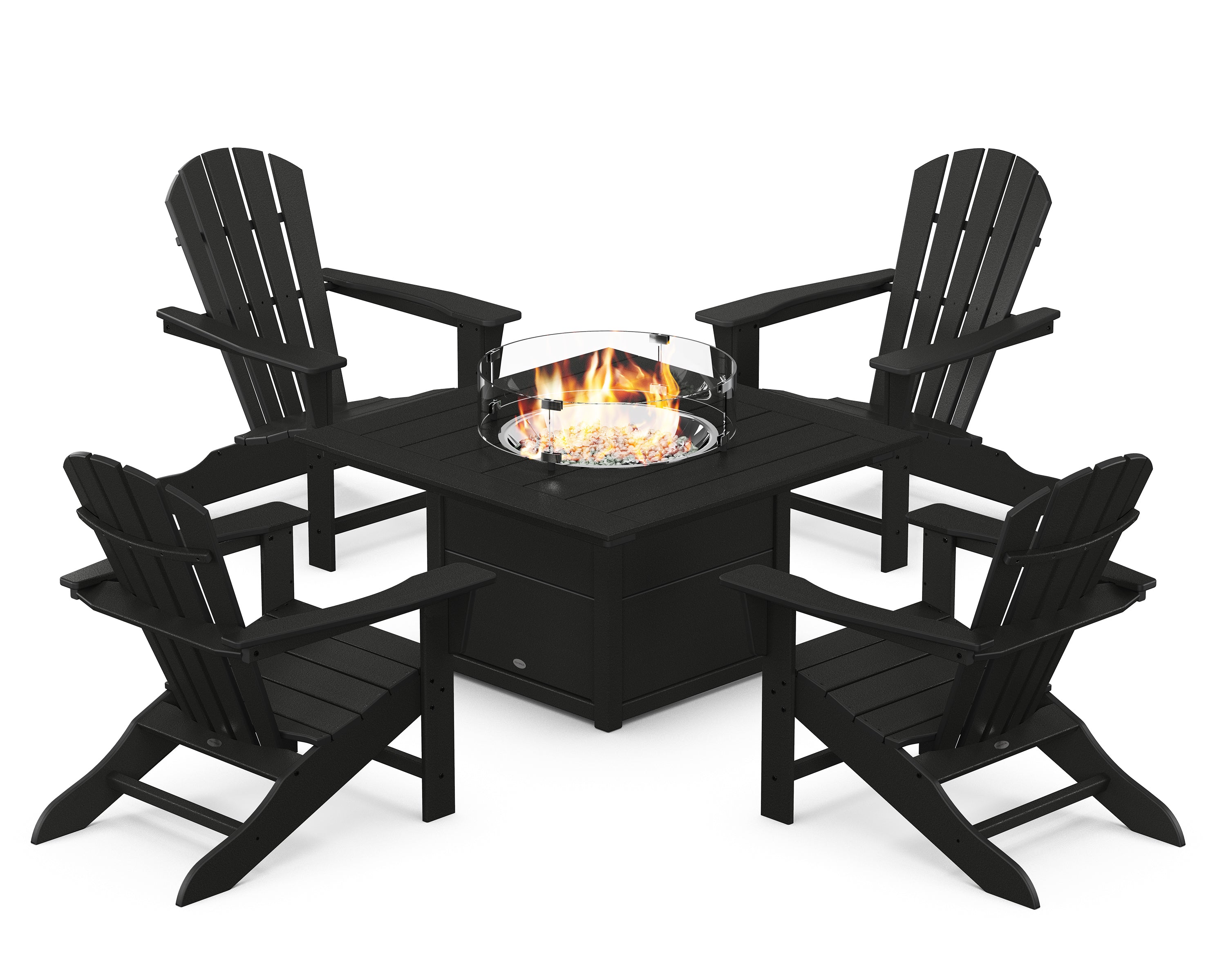 POLYWOOD Palm Coast 5-Piece Adirondack Chair Conversation Set with Fire Pit Table in Black