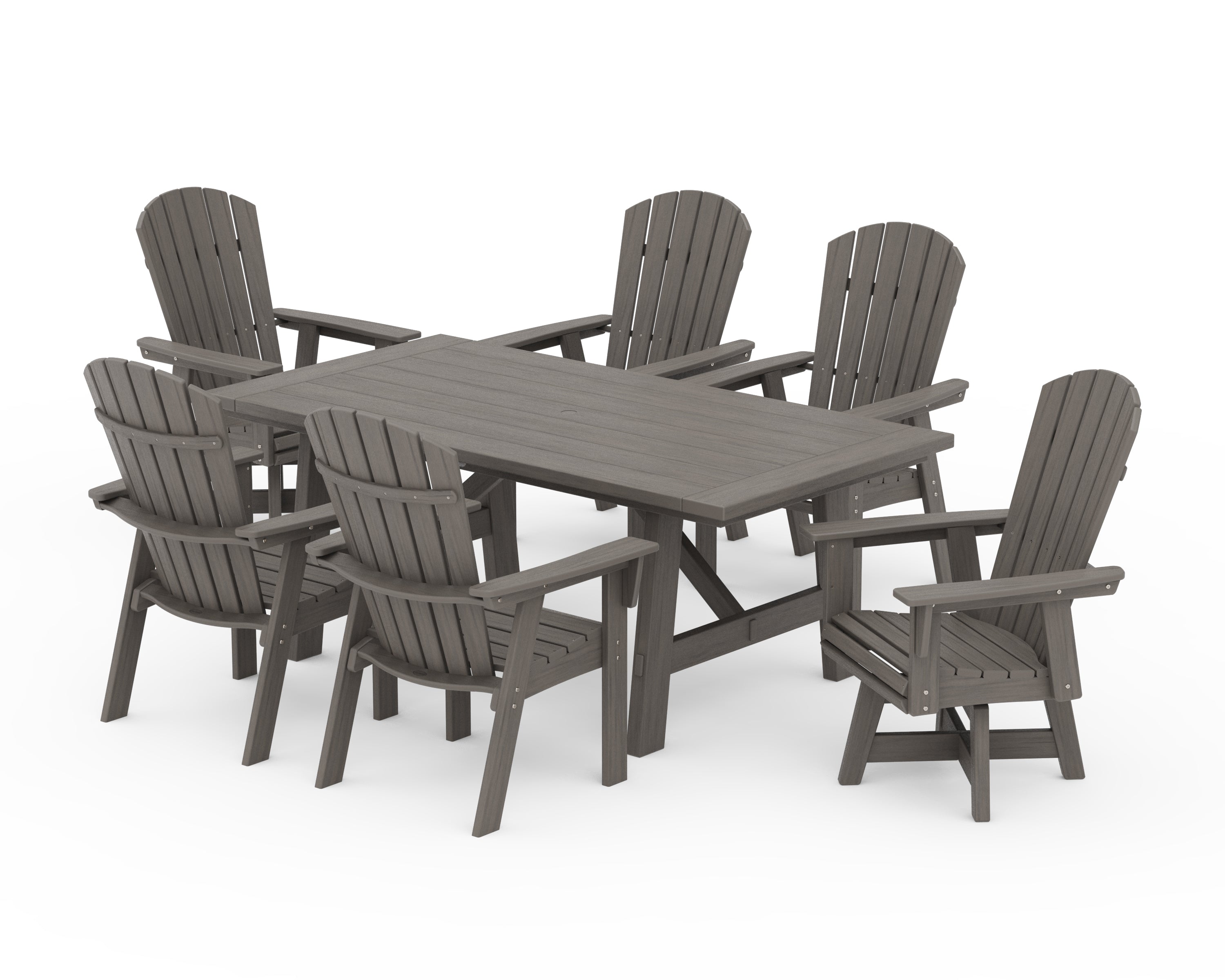 POLYWOOD Nautical Curveback Adirondack Swivel Chair 7-Piece Rustic Farmhouse Dining Set in Driftwood