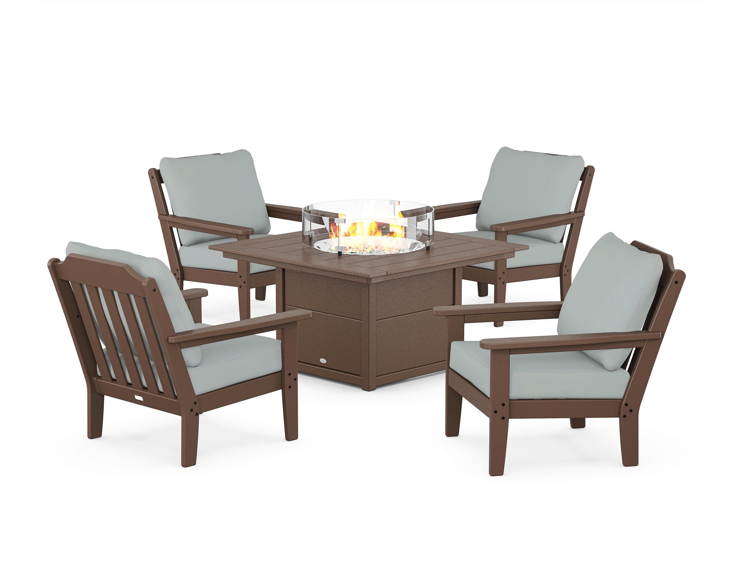 Country Living Cottage 5-Piece Deep Seating Set with Fire Pit Table in Mahogany / Spa