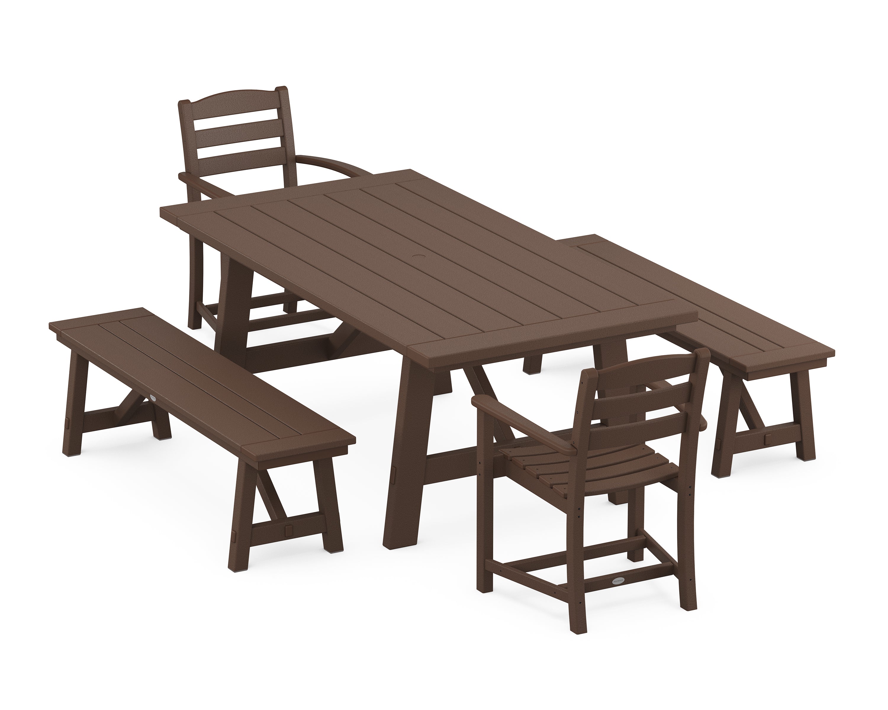POLYWOOD La Casa Café 5-Piece Rustic Farmhouse Dining Set With Benches in Mahogany