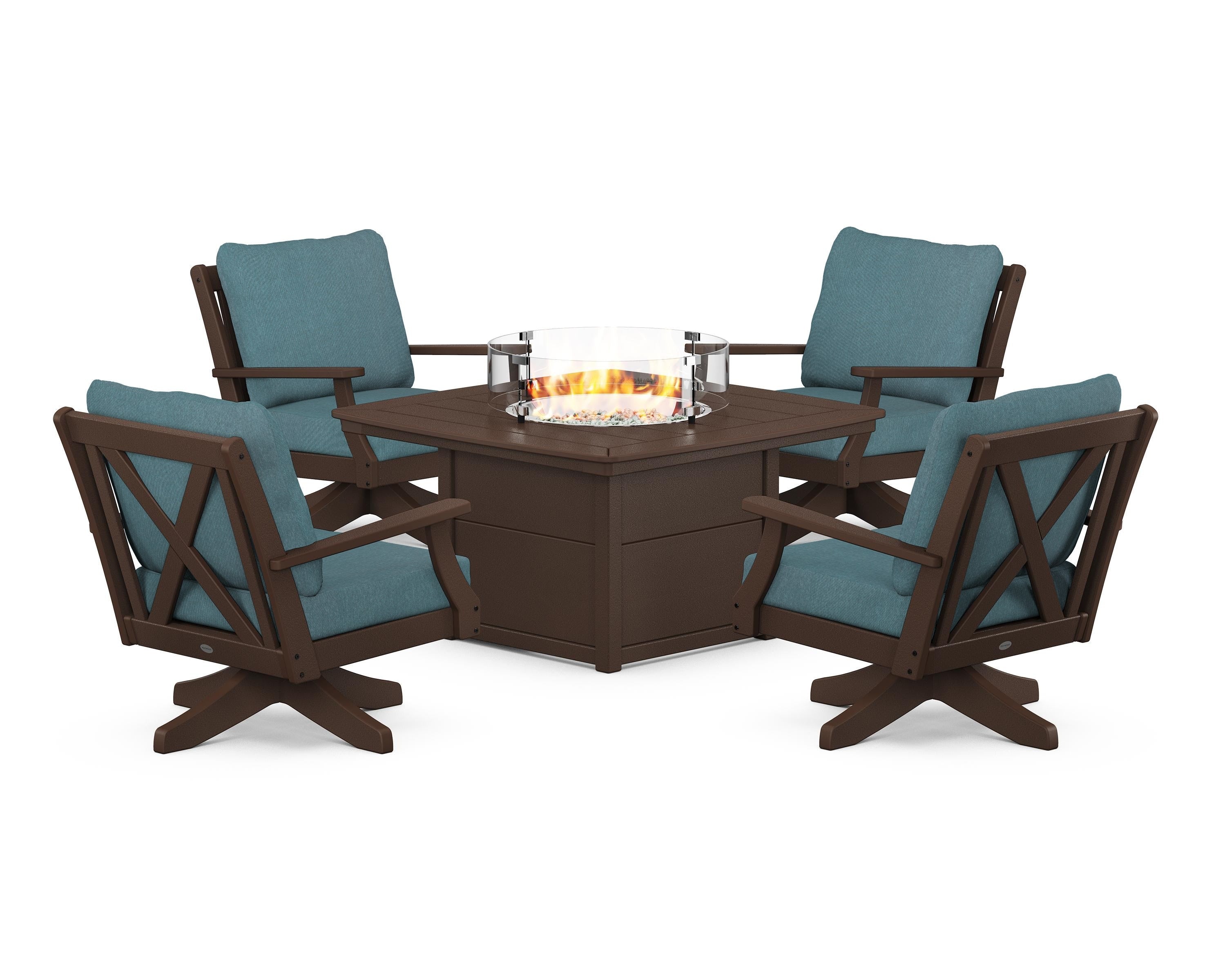POLYWOOD Braxton 5-Piece Deep Seating Swivel Conversation Set with Fire Pit Table in Mahogany / Ocean Teal