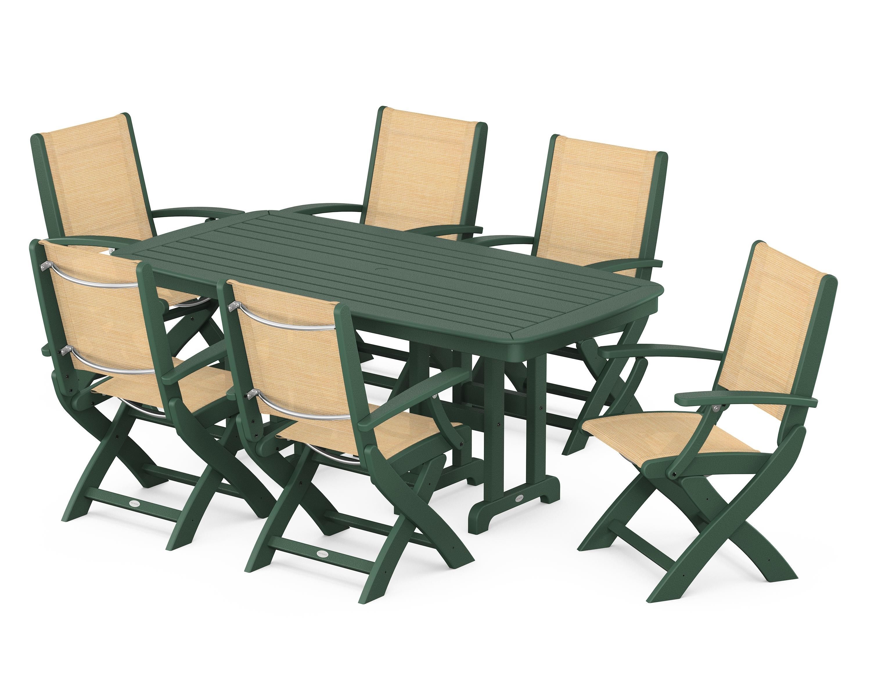 POLYWOOD Coastal Folding Arm Chair 7-Piece Dining Set in Green / Dupioni Apricot Sling
