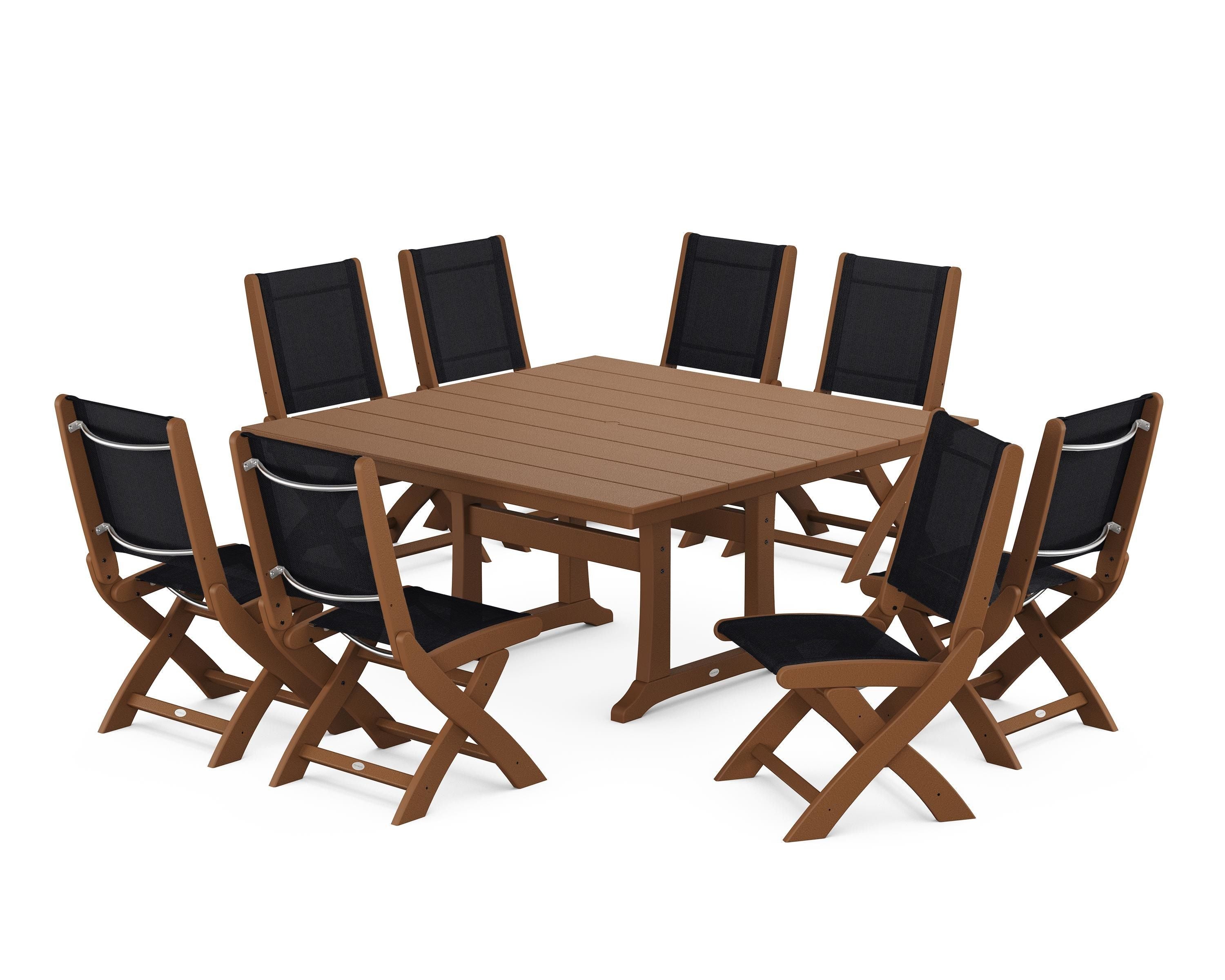 POLYWOOD Coastal Folding Side Chair 9-Piece Farmhouse Dining Set in Teak / Black Sling