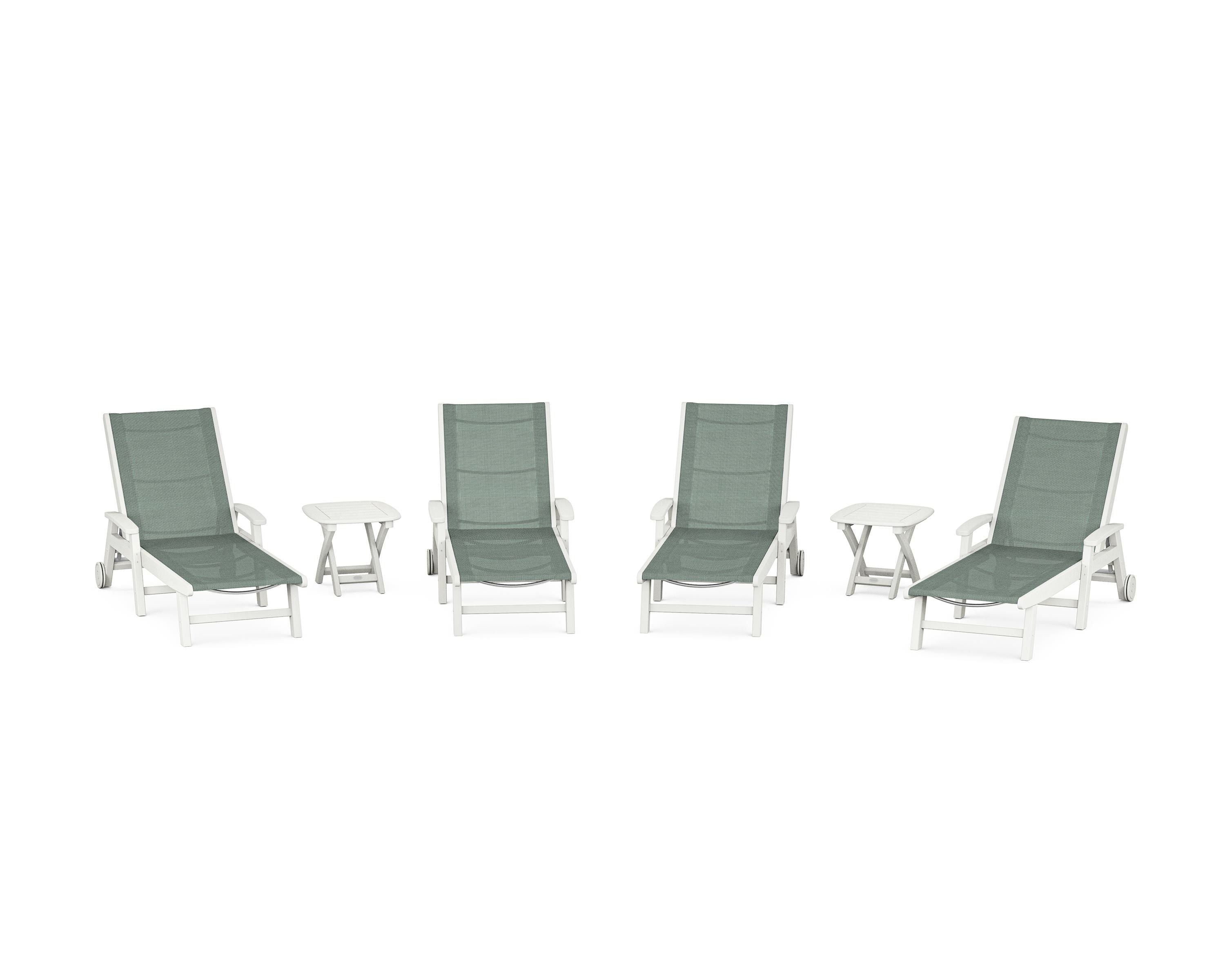 POLYWOOD Coastal Chaise 6-Piece Set with Wheels in Vintage White / Dupioni Sea Mist Sling