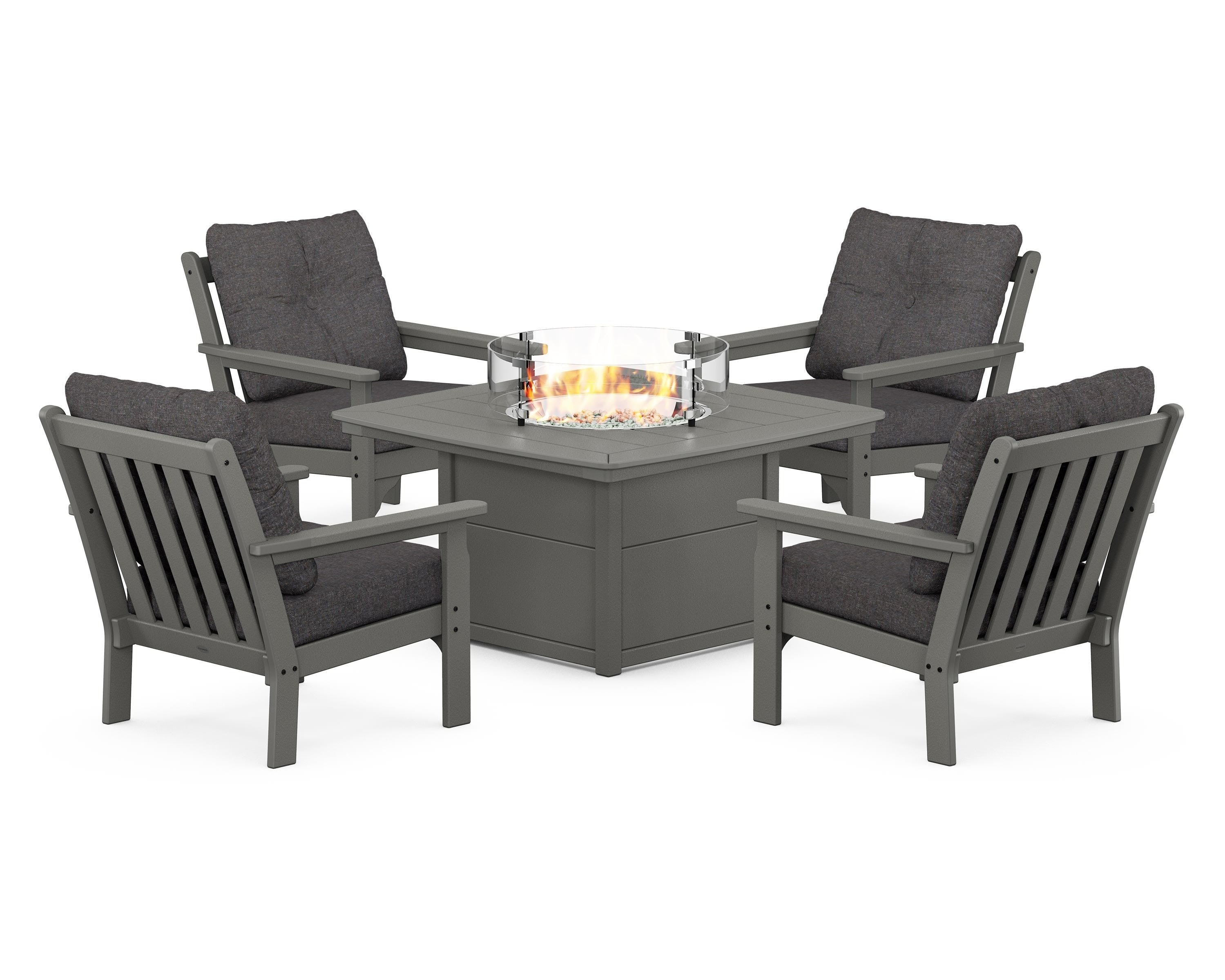 POLYWOOD Vineyard 5-Piece Conversation Set with Fire Pit Table in Slate Grey / Ash Charcoal
