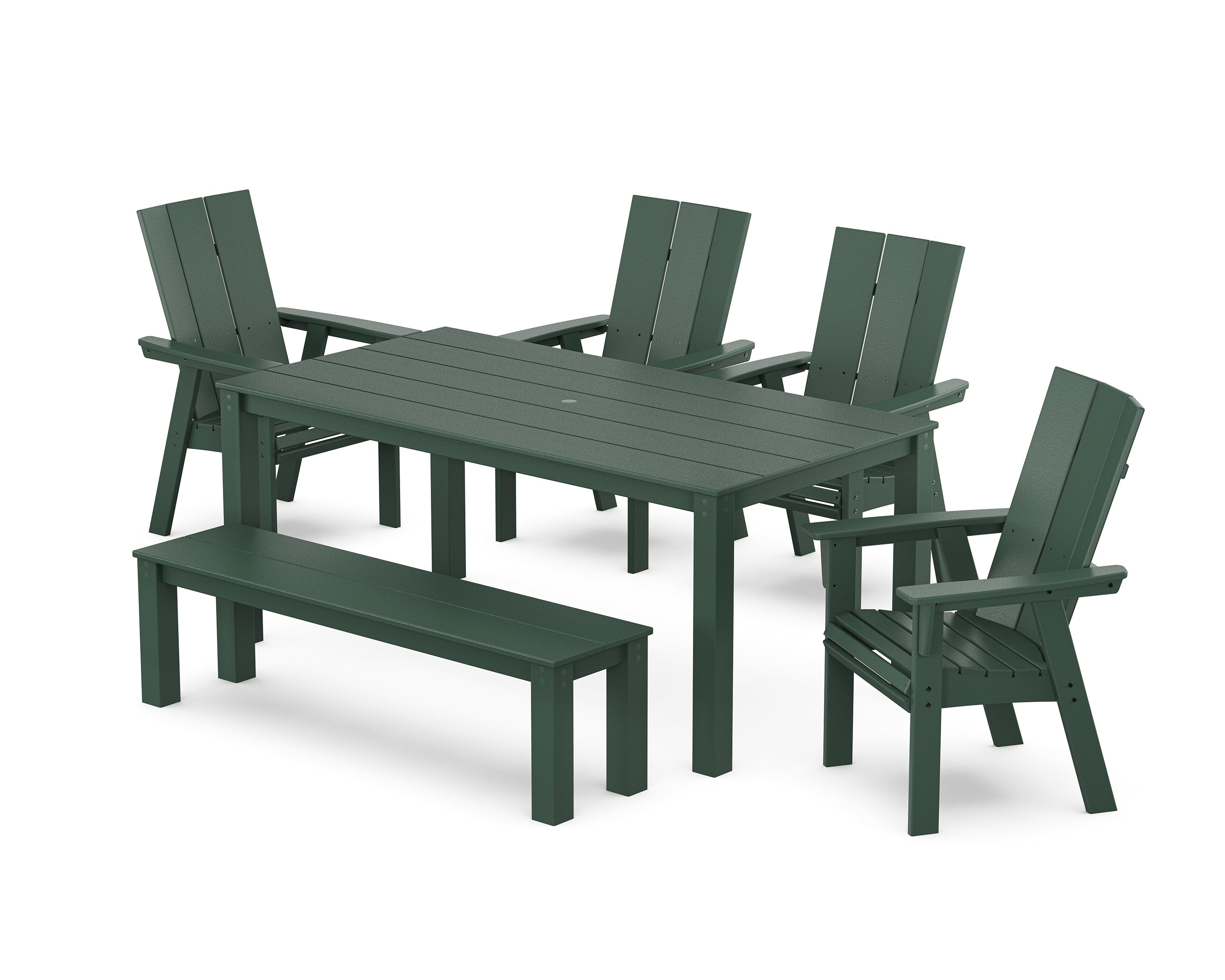 POLYWOOD Modern Curveback Adirondack 6-Piece Parsons Dining Set with Bench in Green