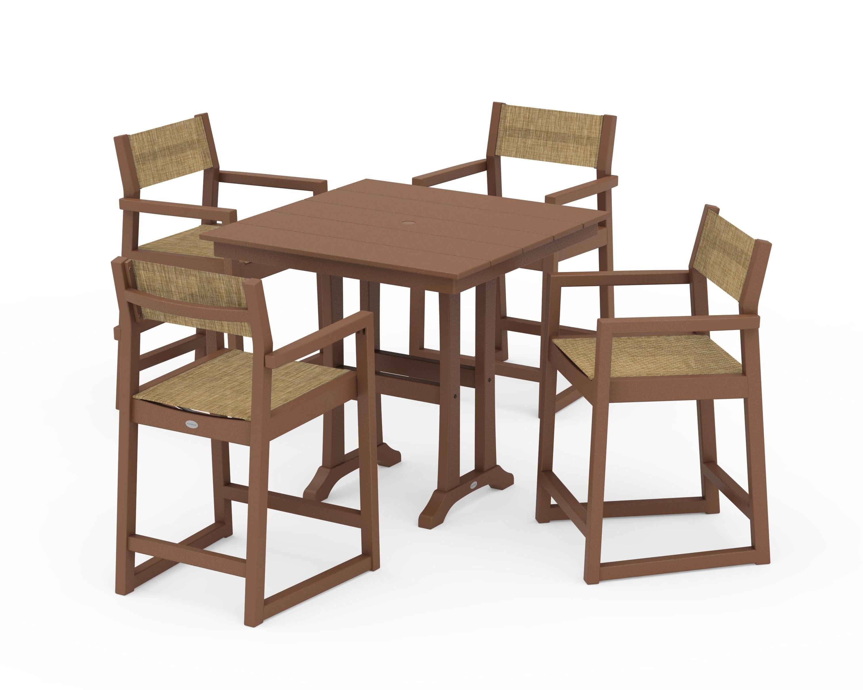 POLYWOOD EDGE Sling Arm Chair 5-Piece Farmhouse Counter Set with Trestle Legs in Teak / Burlap Sling