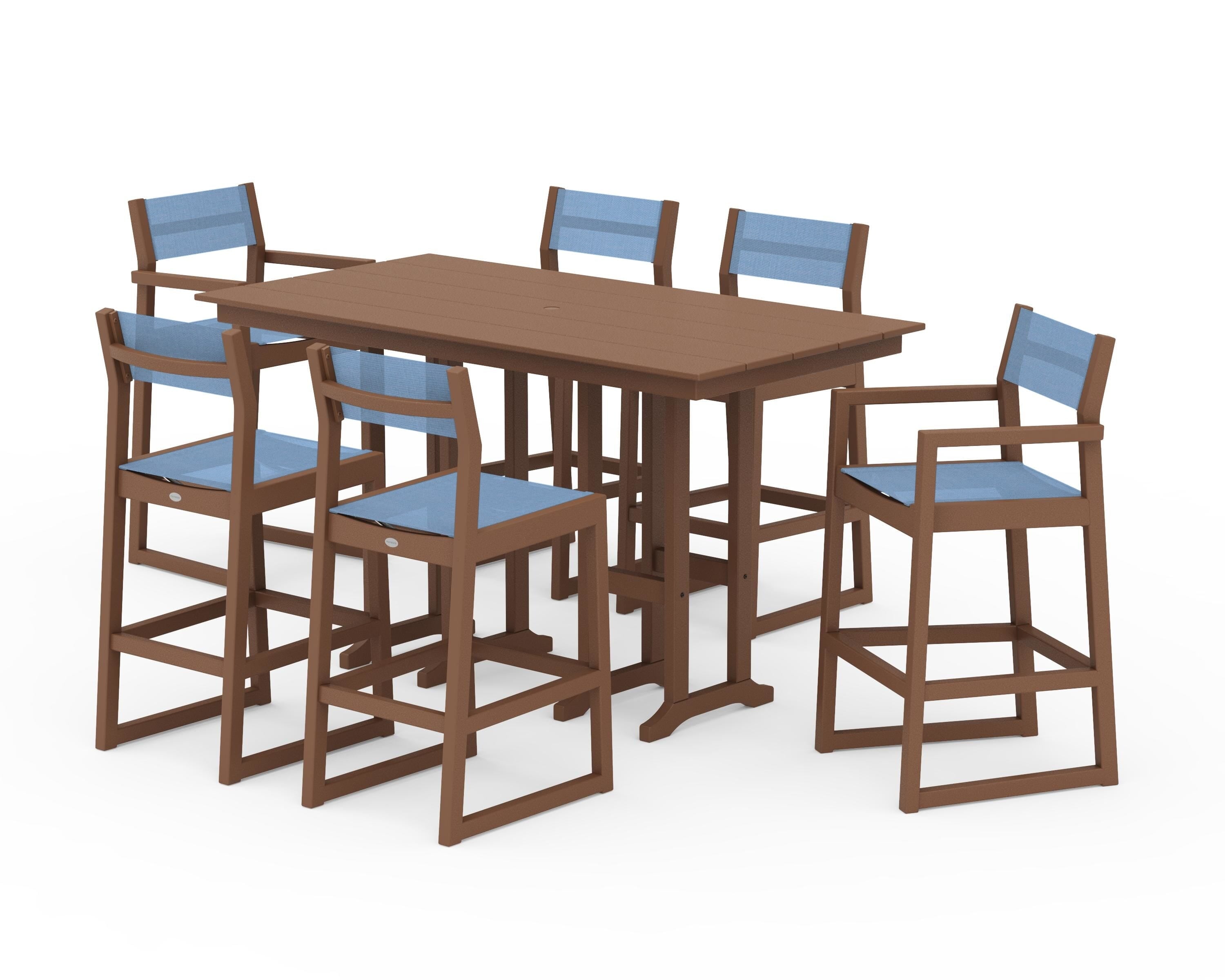 POLYWOOD EDGE Sling 7-Piece Farmhouse Bar Set in Teak / Poolside Sling