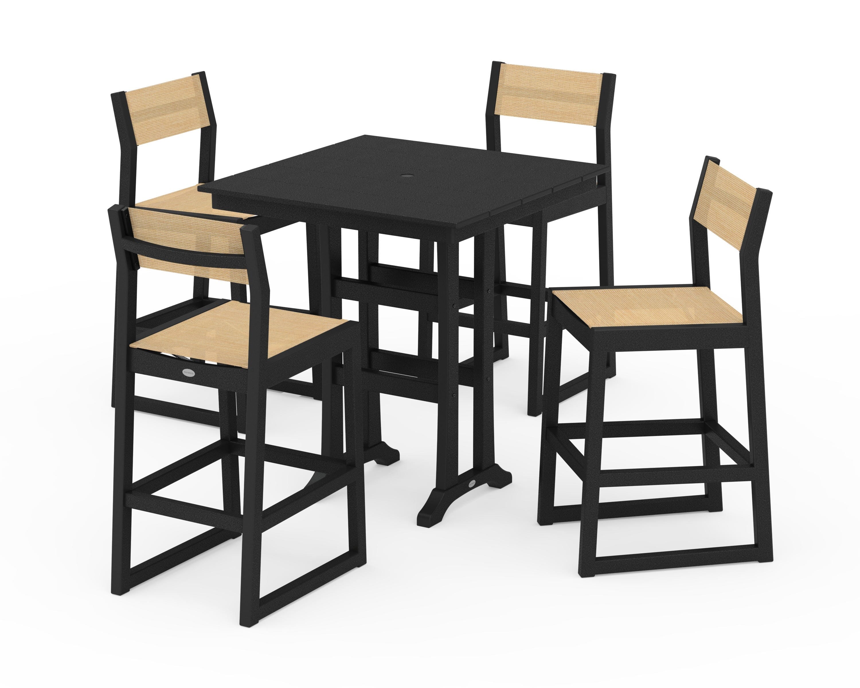 POLYWOOD EDGE Sling Arm Chair 5-Piece Farmhouse Bar Set with Trestle Legs in Black / Dupioni Apricot Sling