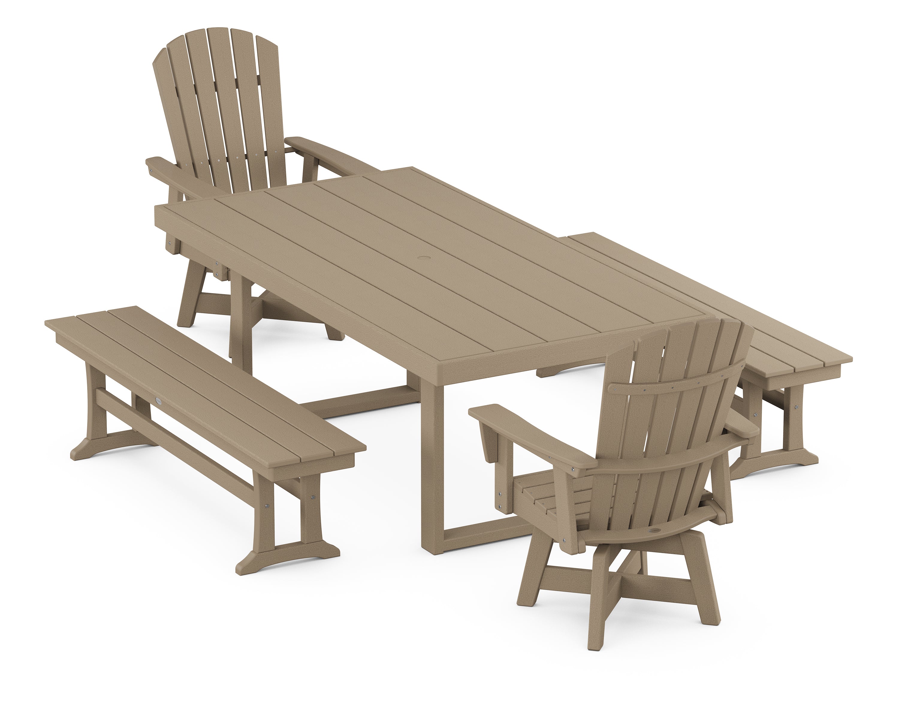 POLYWOOD® Nautical Curveback Adirondack Swivel Chair 5-Piece Dining Set with Benches in Vintage Sahara