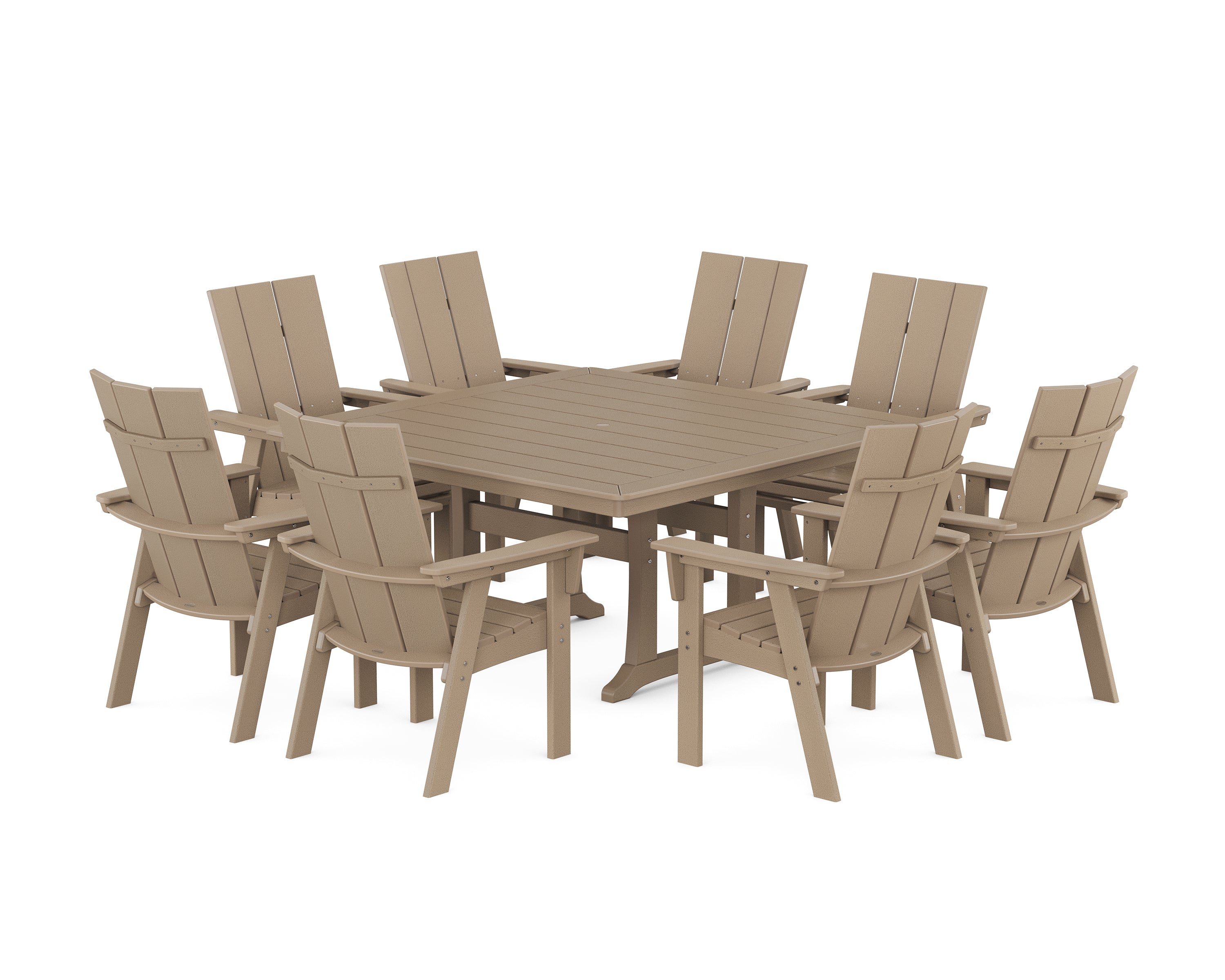POLYWOOD Modern Curveback Adirondack 9-Piece Square Dining Set with Trestle Legs in Vintage Sahara