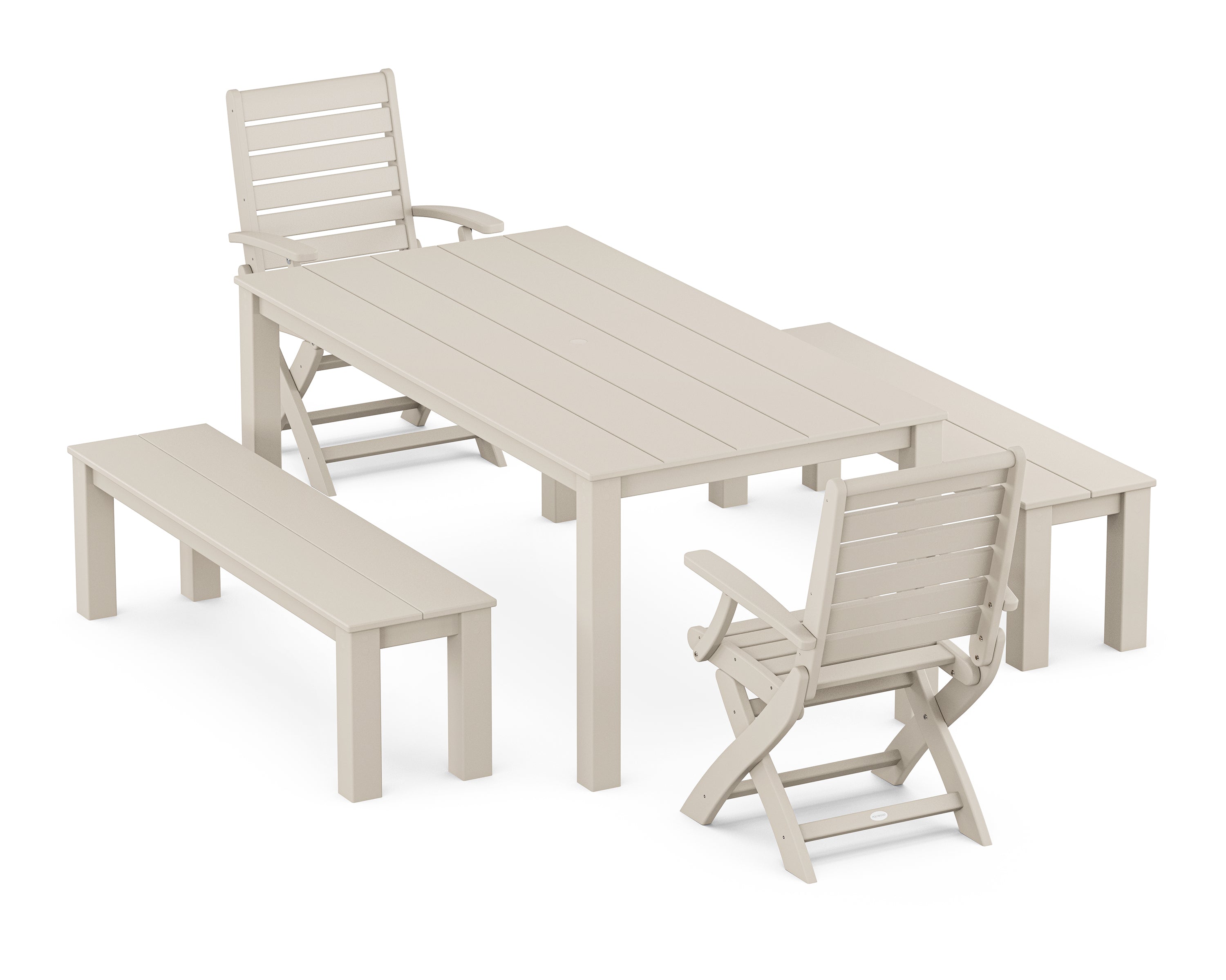 POLYWOOD Signature Folding Chair 5-Piece Parsons Dining Set with Benches in Sand