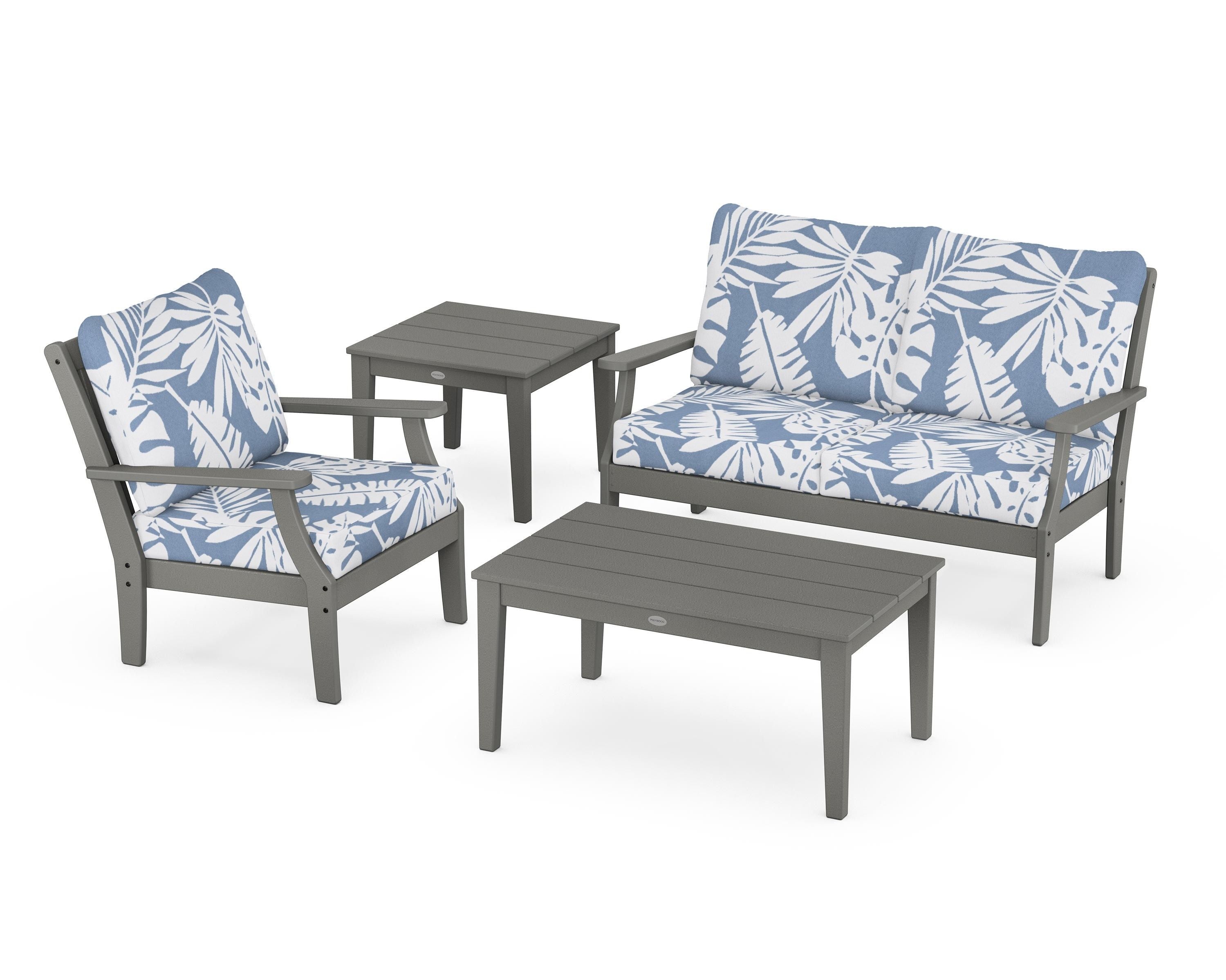 POLYWOOD Braxton 4-Piece Deep Seating Set in Slate Grey / Leaf Sky Blue