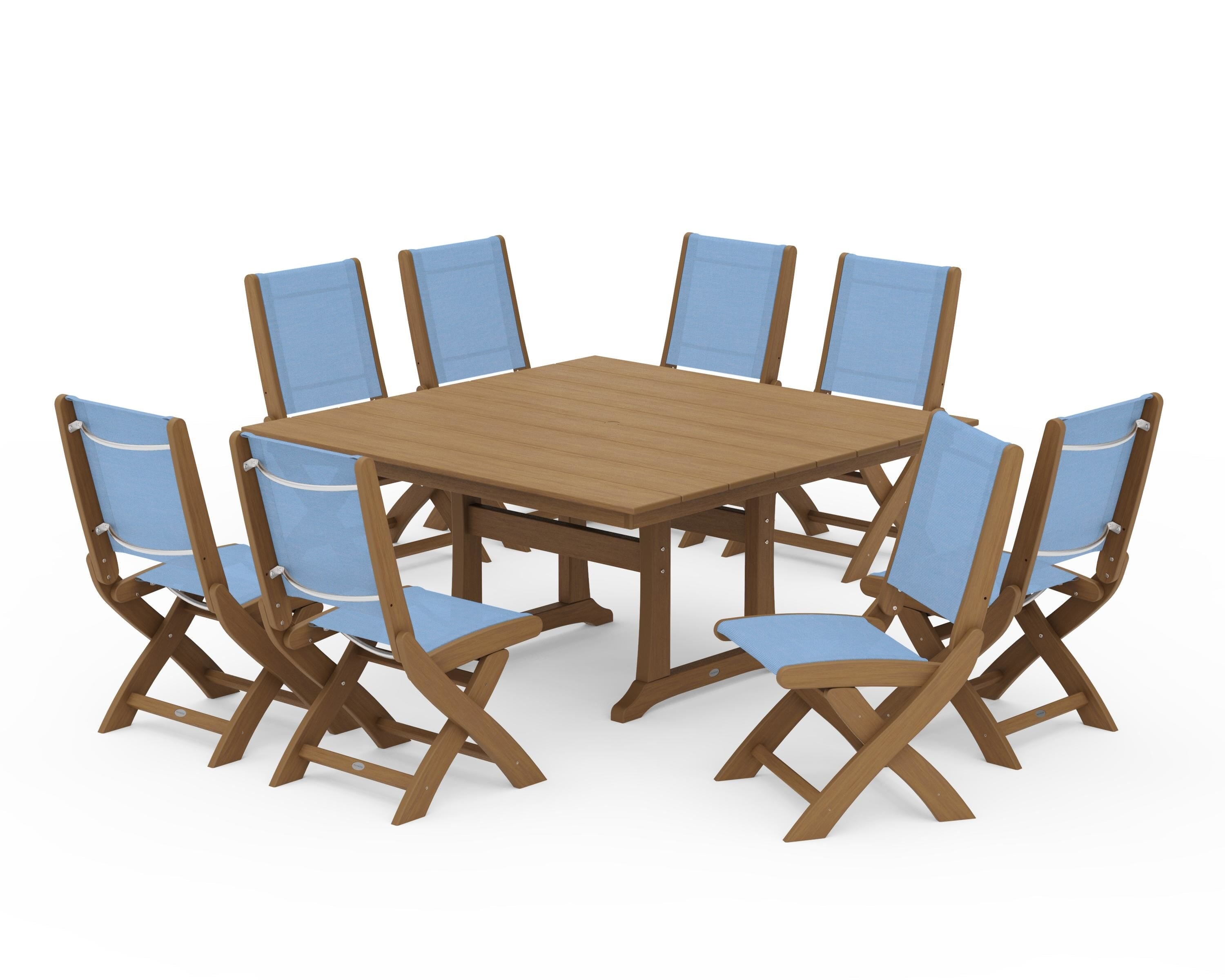 POLYWOOD Coastal Folding Side Chair 9-Piece Farmhouse Dining Set in Natural / Poolside Sling