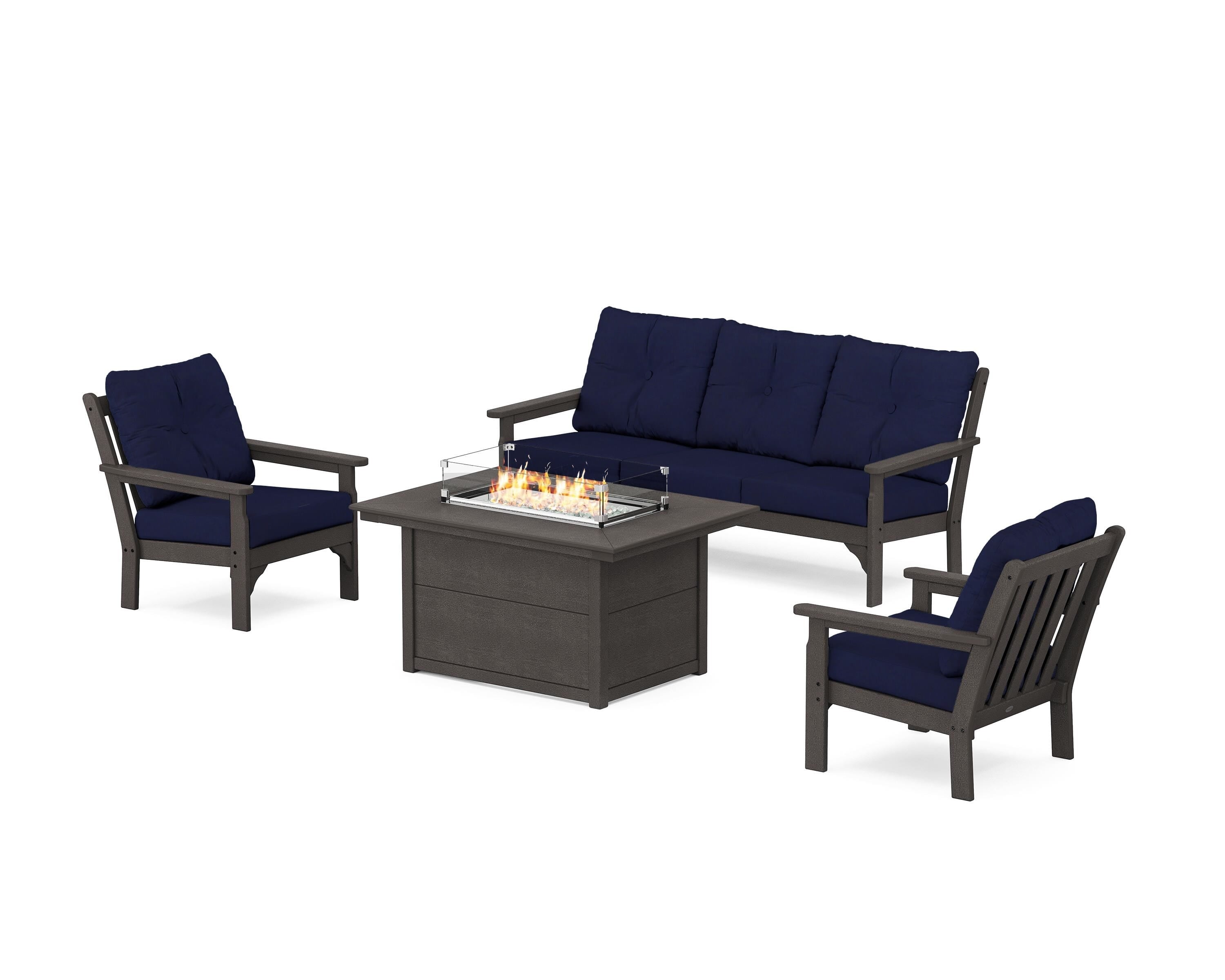 POLYWOOD Vineyard Deep Seating Fire Pit Table Set in Vintage Coffee / Navy