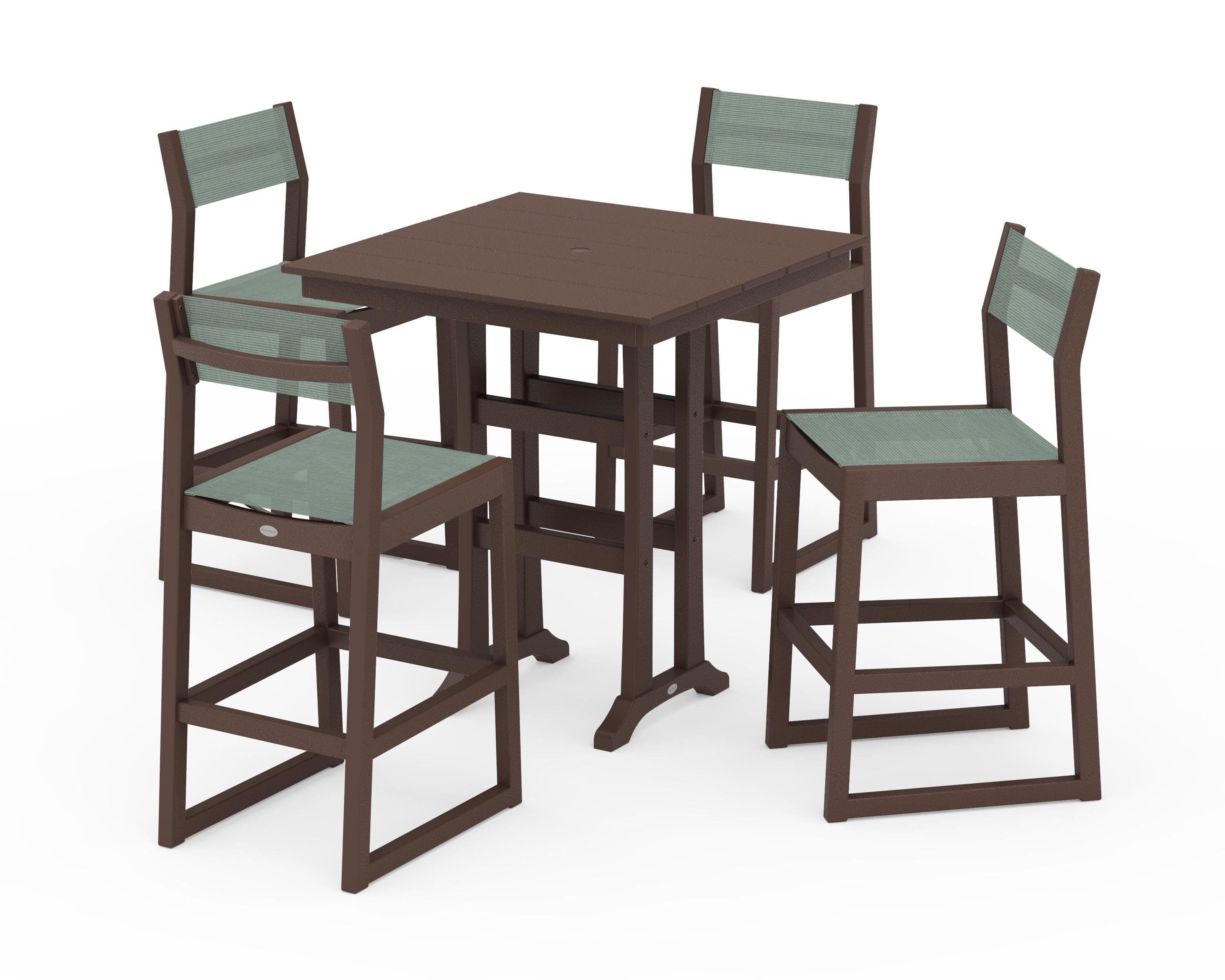 POLYWOOD EDGE Sling Arm Chair 5-Piece Farmhouse Bar Set with Trestle Legs in Mahogany / Dupioni Sea Mist Sling