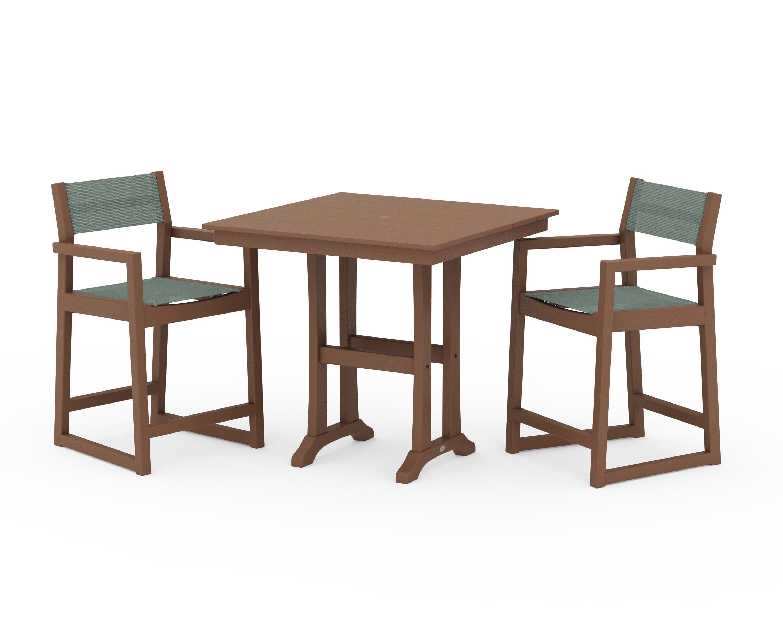 POLYWOOD EDGE Sling Arm Chair 3-Piece Farmhouse Counter Set with Trestle Legs in Teak / Dupioni Sea Mist Sling