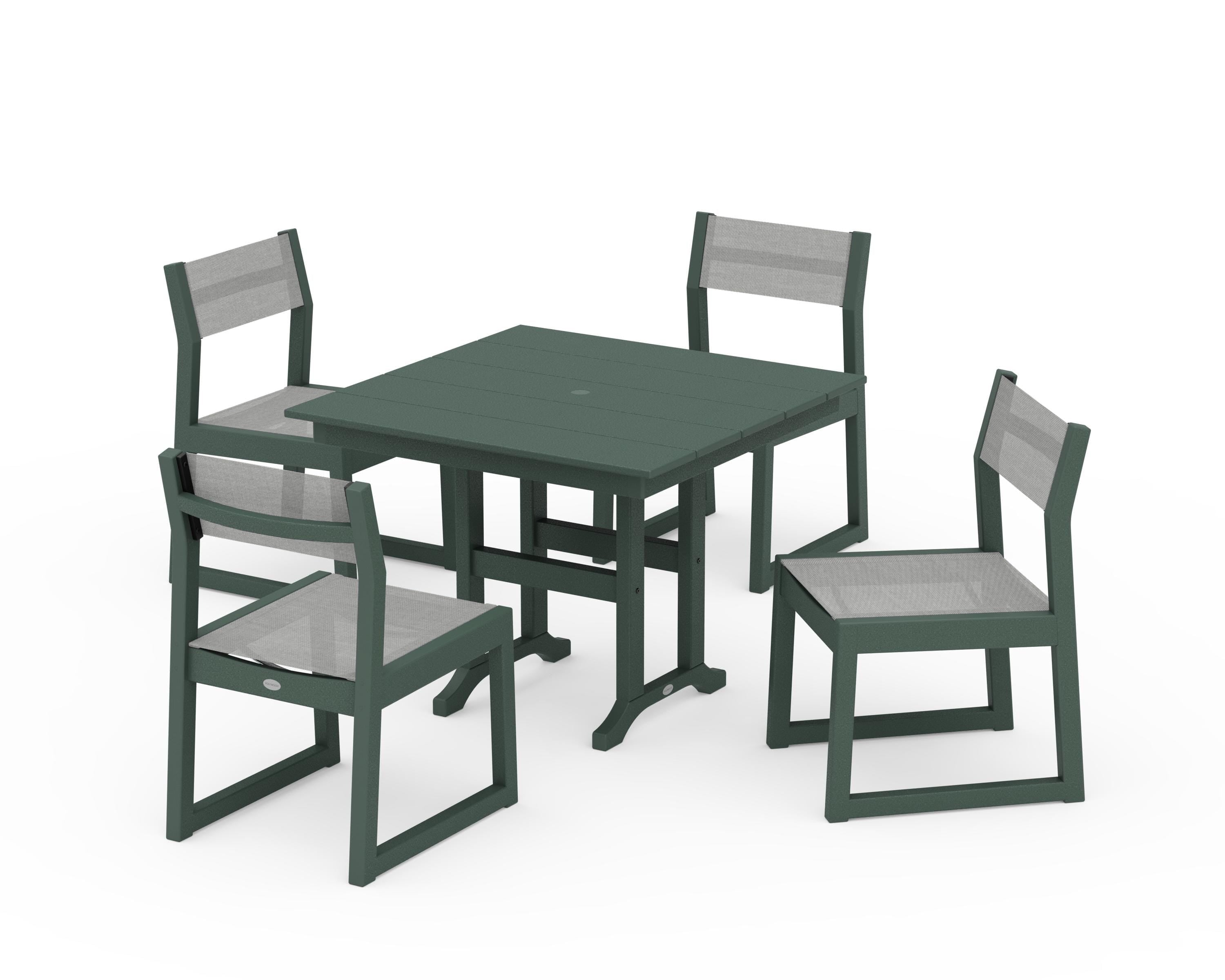 POLYWOOD EDGE Sling Side Chair 5-Piece Farmhouse Dining Set in Green / Metallic Sling