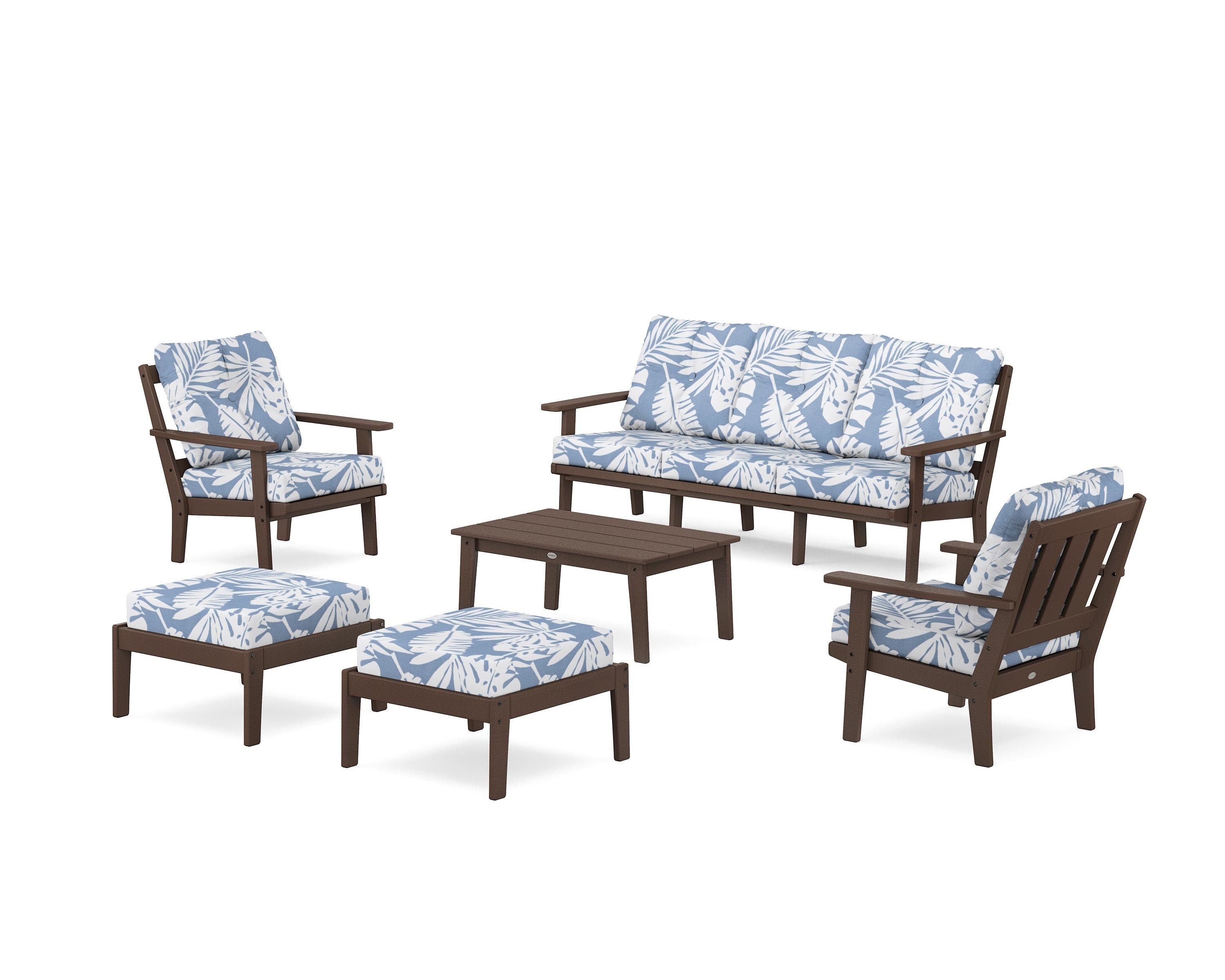 POLYWOOD Oxford 6-Piece Lounge Sofa Set in Mahogany / Leaf Sky Blue