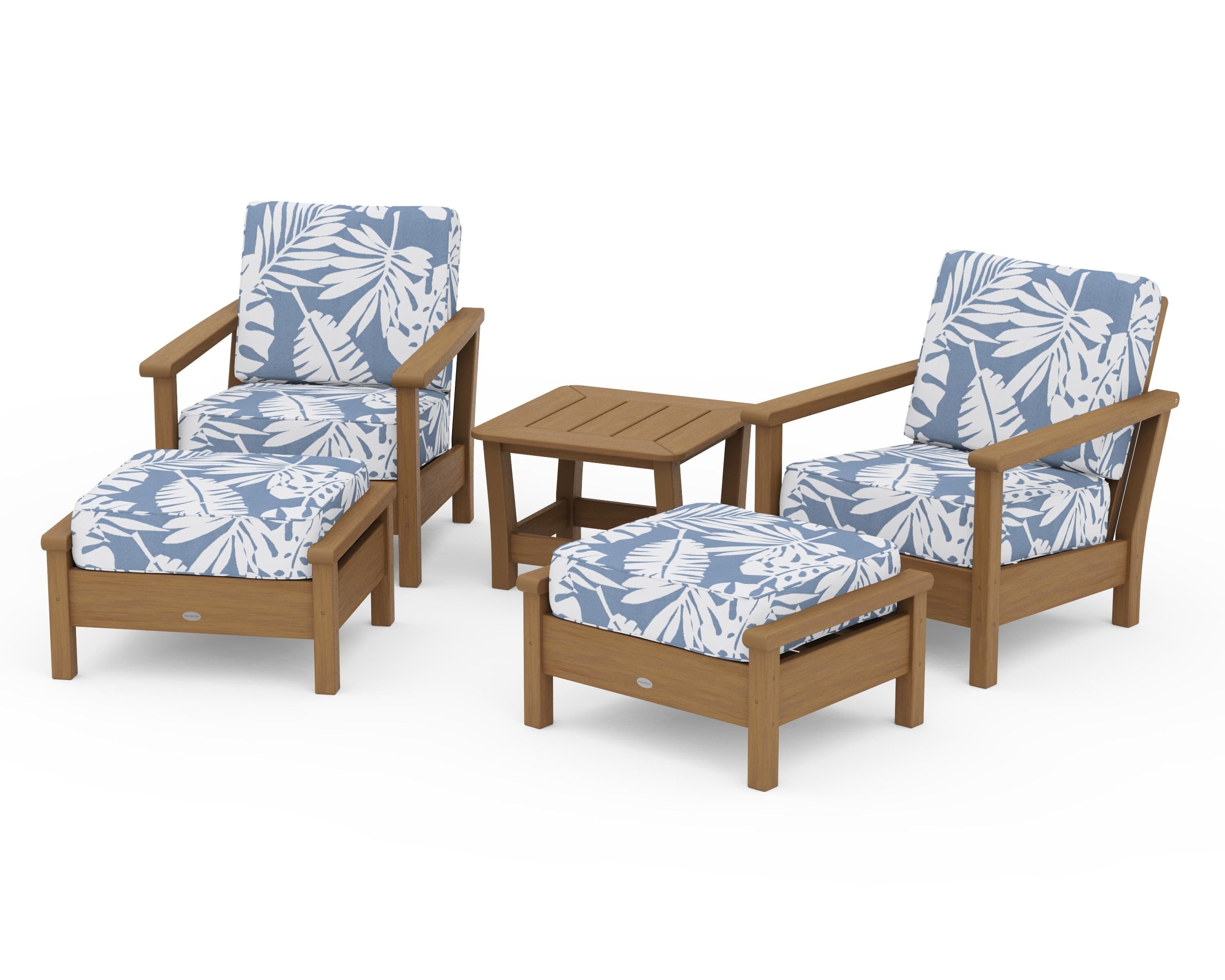 POLYWOOD Harbour 5-Piece Deep Seating Chair Set in Natural / Leaf Sky Blue