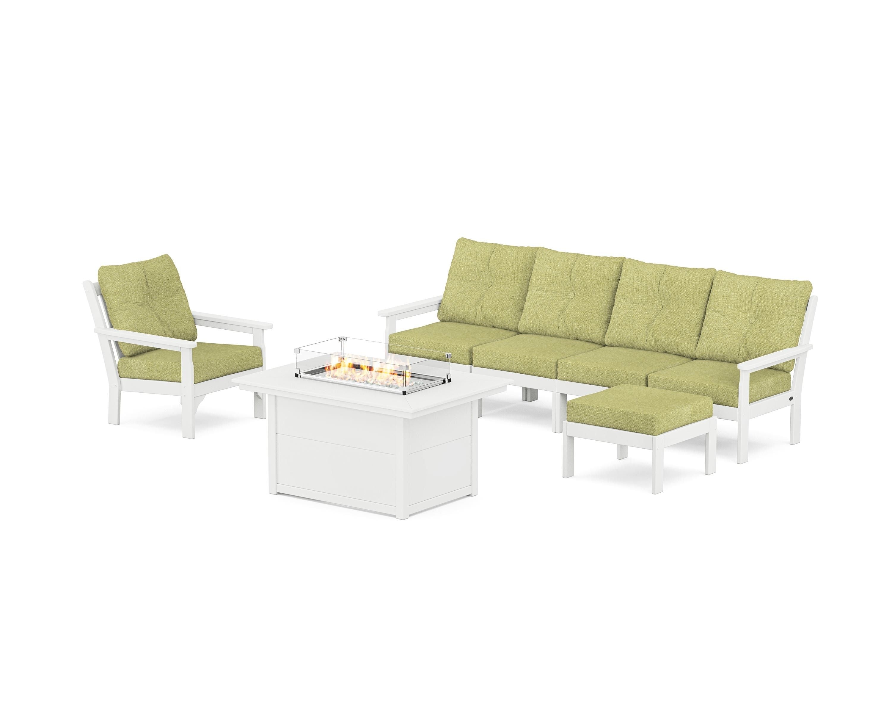 POLYWOOD Vineyard Sectional Lounge and Fire Pit Set in White / Chartreuse Boucle