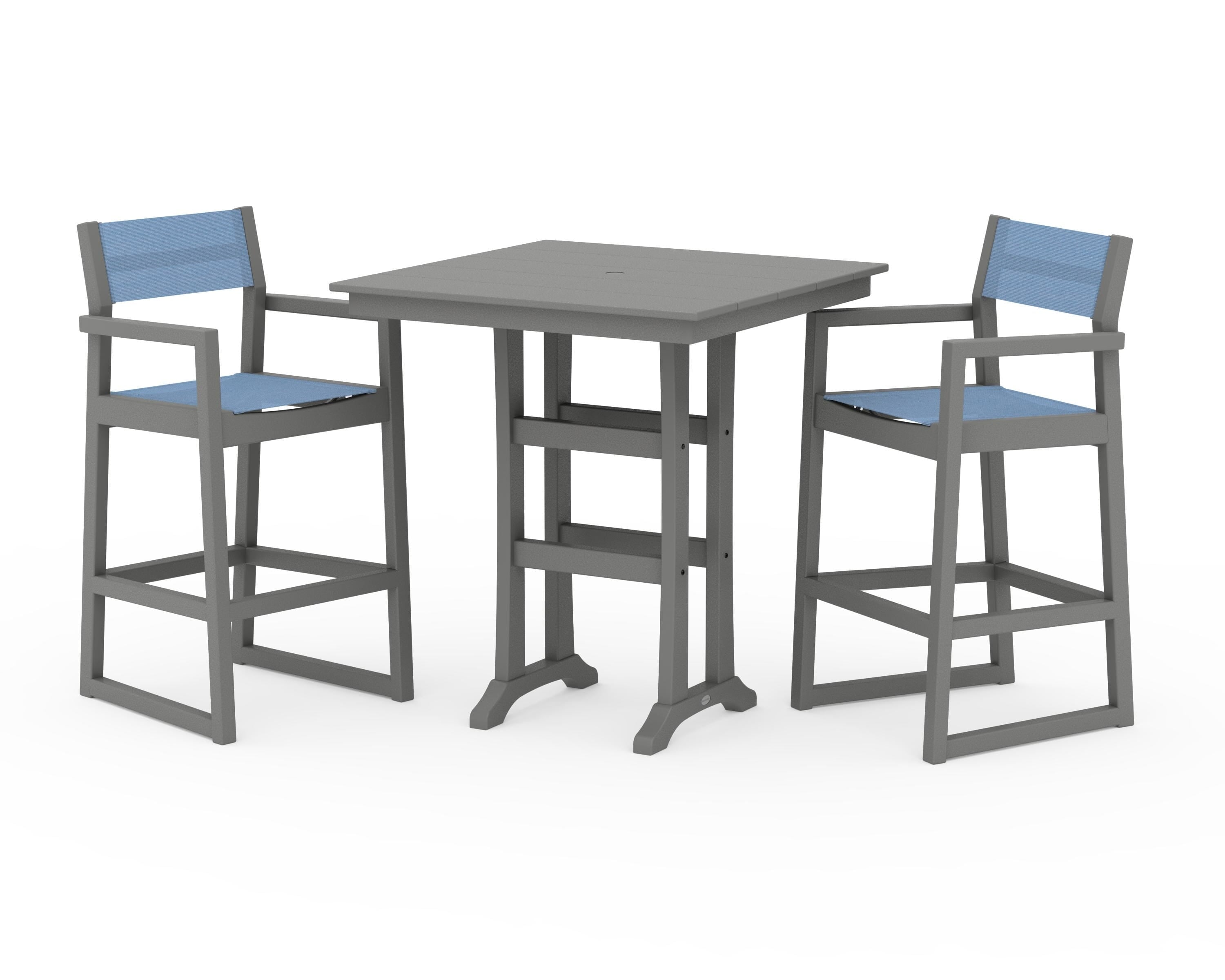 POLYWOOD EDGE Sling Arm Chair 3-Piece Farmhouse Bar Set with Trestle Legs in Slate Grey / Poolside Sling