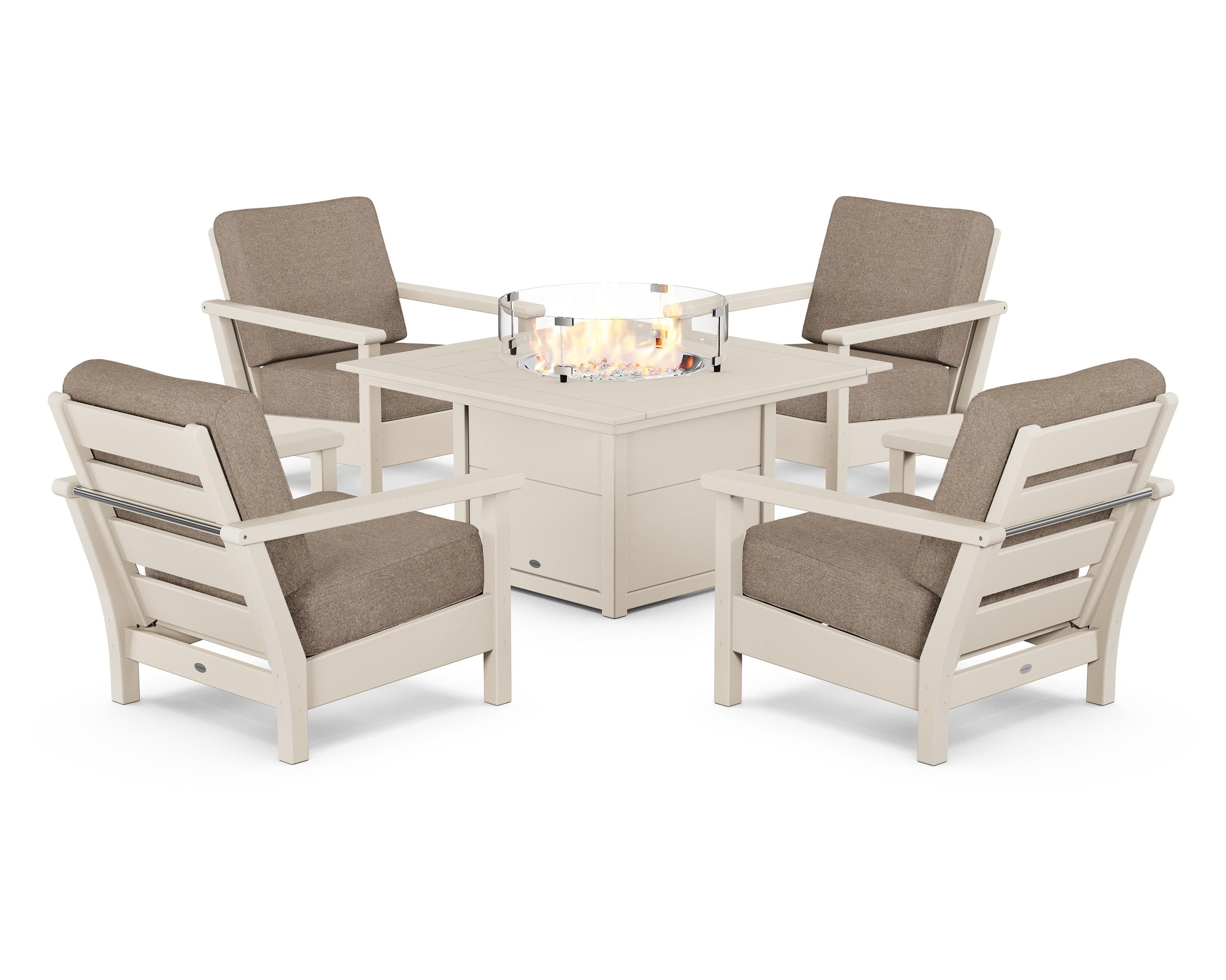 POLYWOOD Harbour 5-Piece Conversation Set with Fire Pit Table in Sand / Spiced Burlap