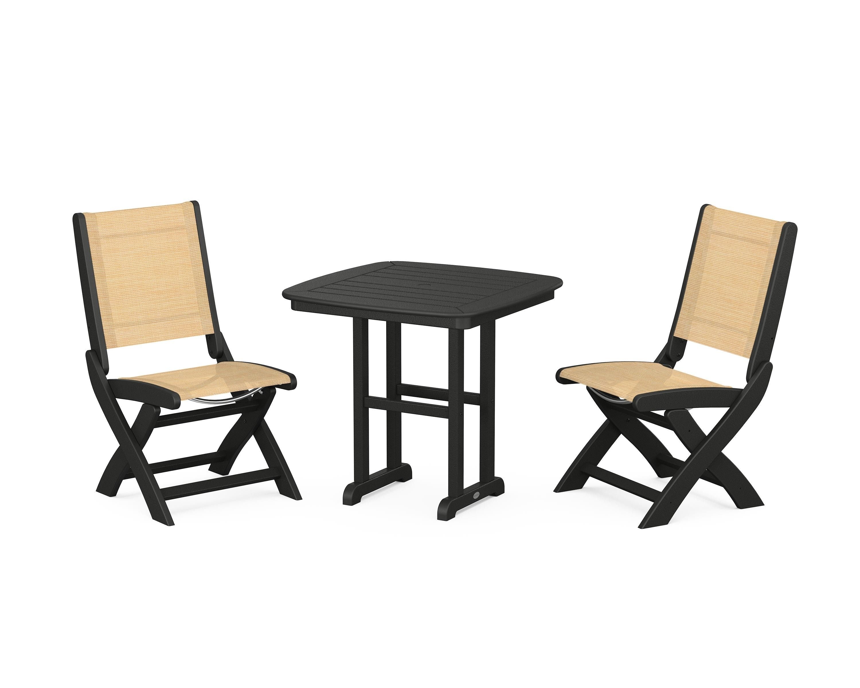 POLYWOOD Coastal Folding Side Chair 3-Piece Dining Set in Black / Dupioni Apricot Sling