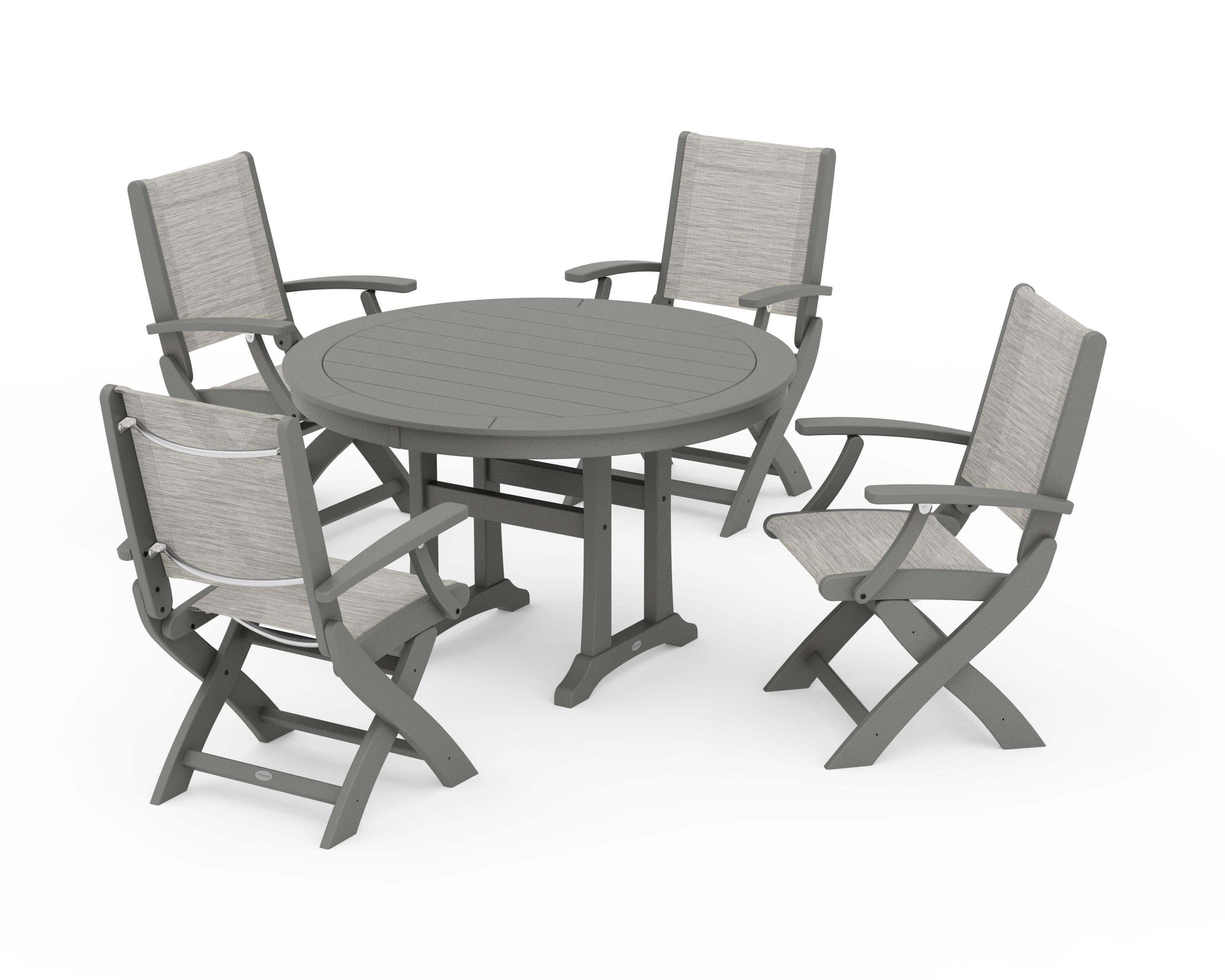 POLYWOOD Coastal Folding Chair 5-Piece Round Dining Set with Trestle Legs in Slate Grey / Birch Sling
