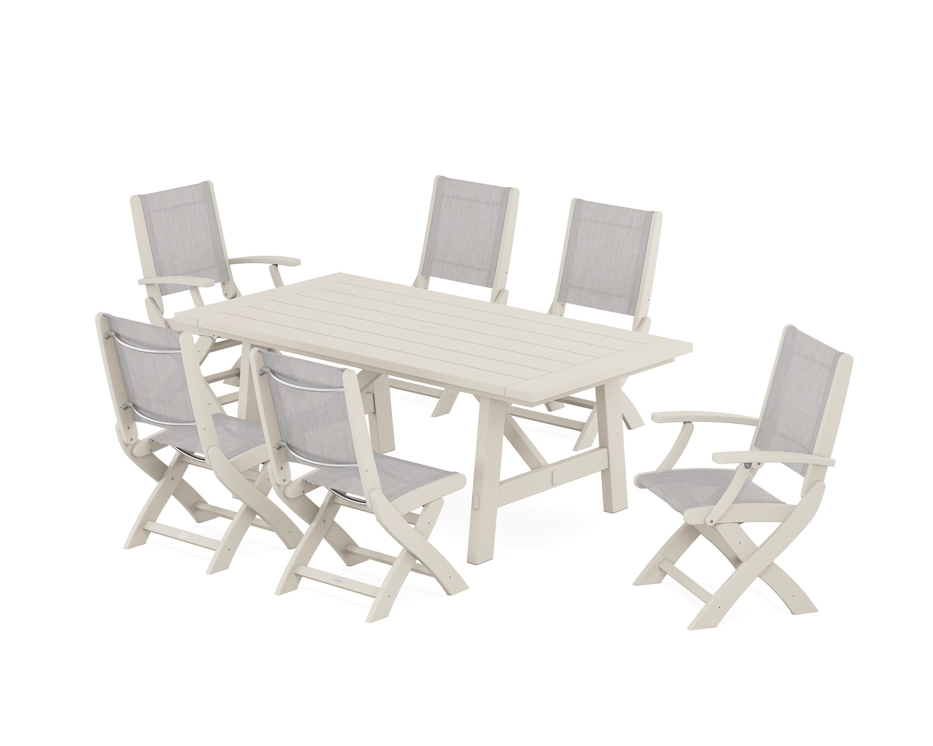 POLYWOOD Coastal Folding Chair 7-Piece Rustic Farmhouse Dining Set in Sand / Parchment Sling