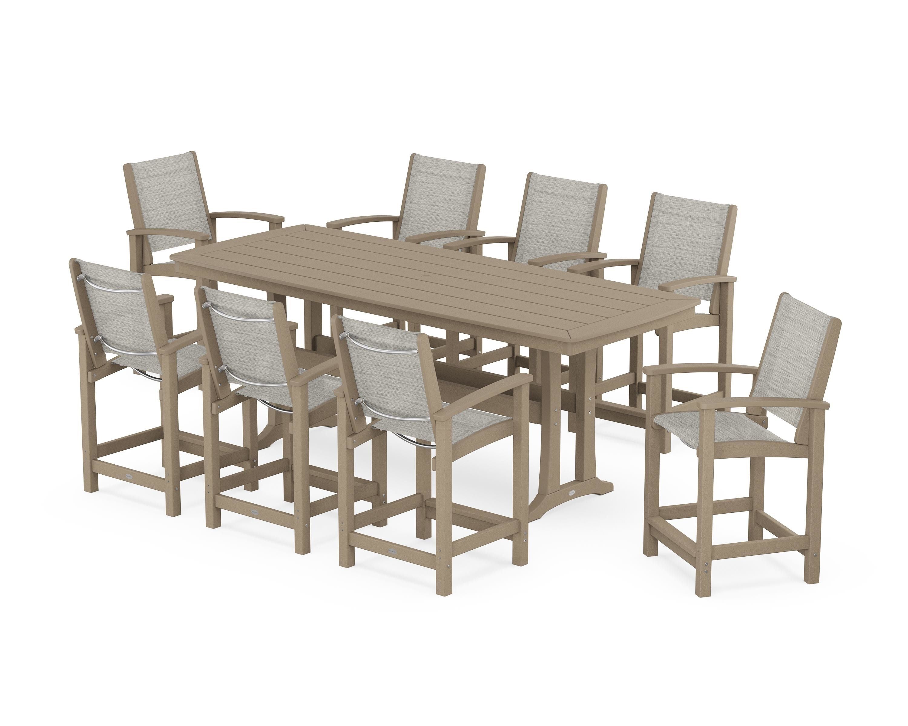 POLYWOOD Coastal 9-Piece Counter Set with Trestle Legs in Vintage Sahara / Birch Sling