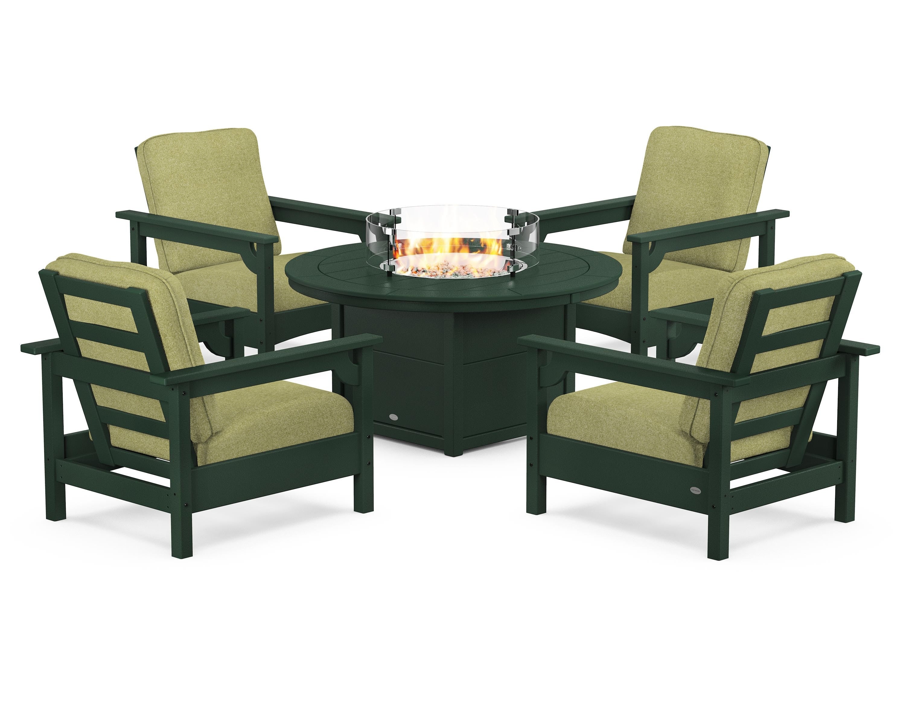 POLYWOOD Club 5-Piece Conversation Set with Fire Pit Table in Green / Chartreuse Boucle