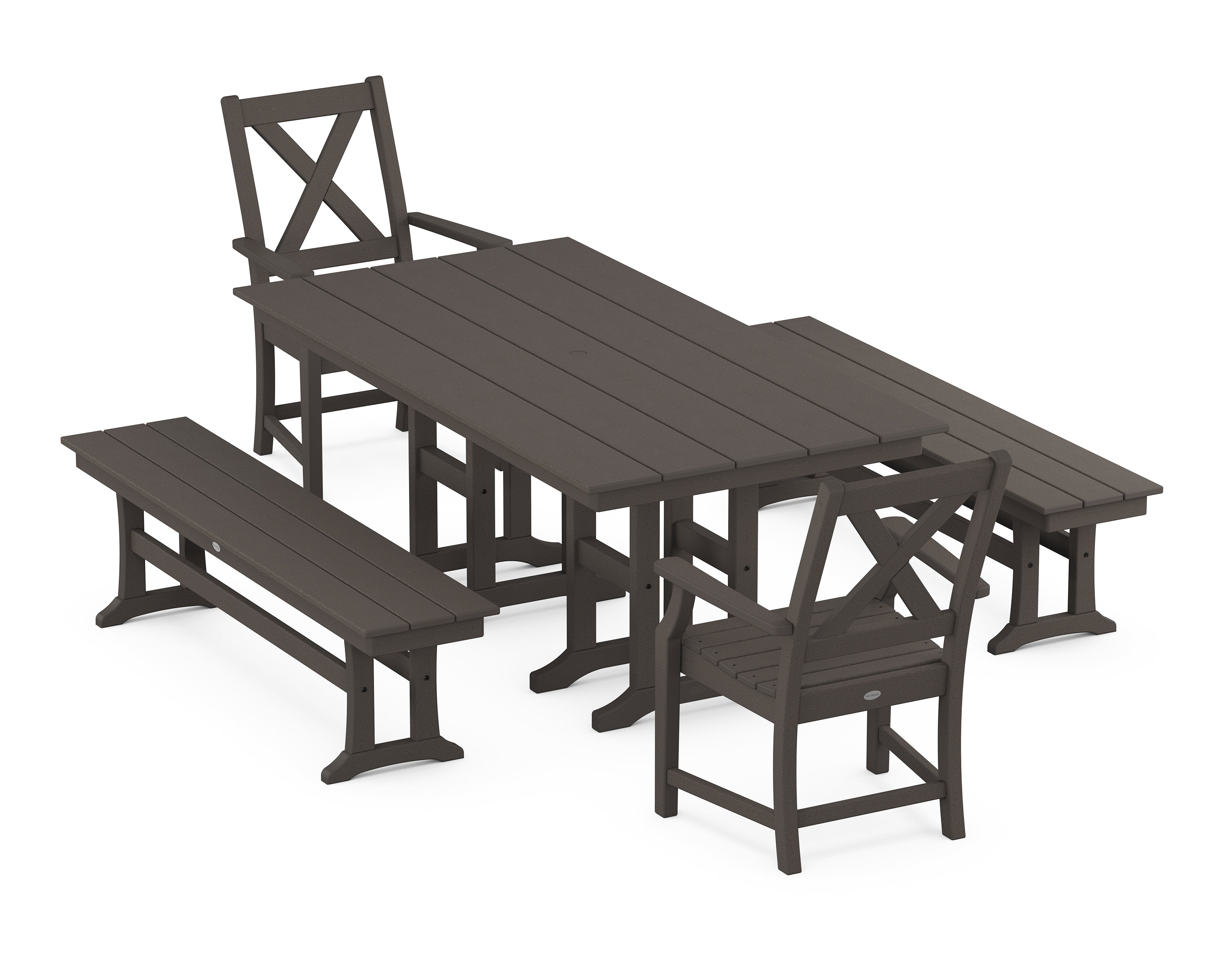 POLYWOOD Braxton 5-Piece Farmhouse Dining Set with Benches in Vintage Coffee