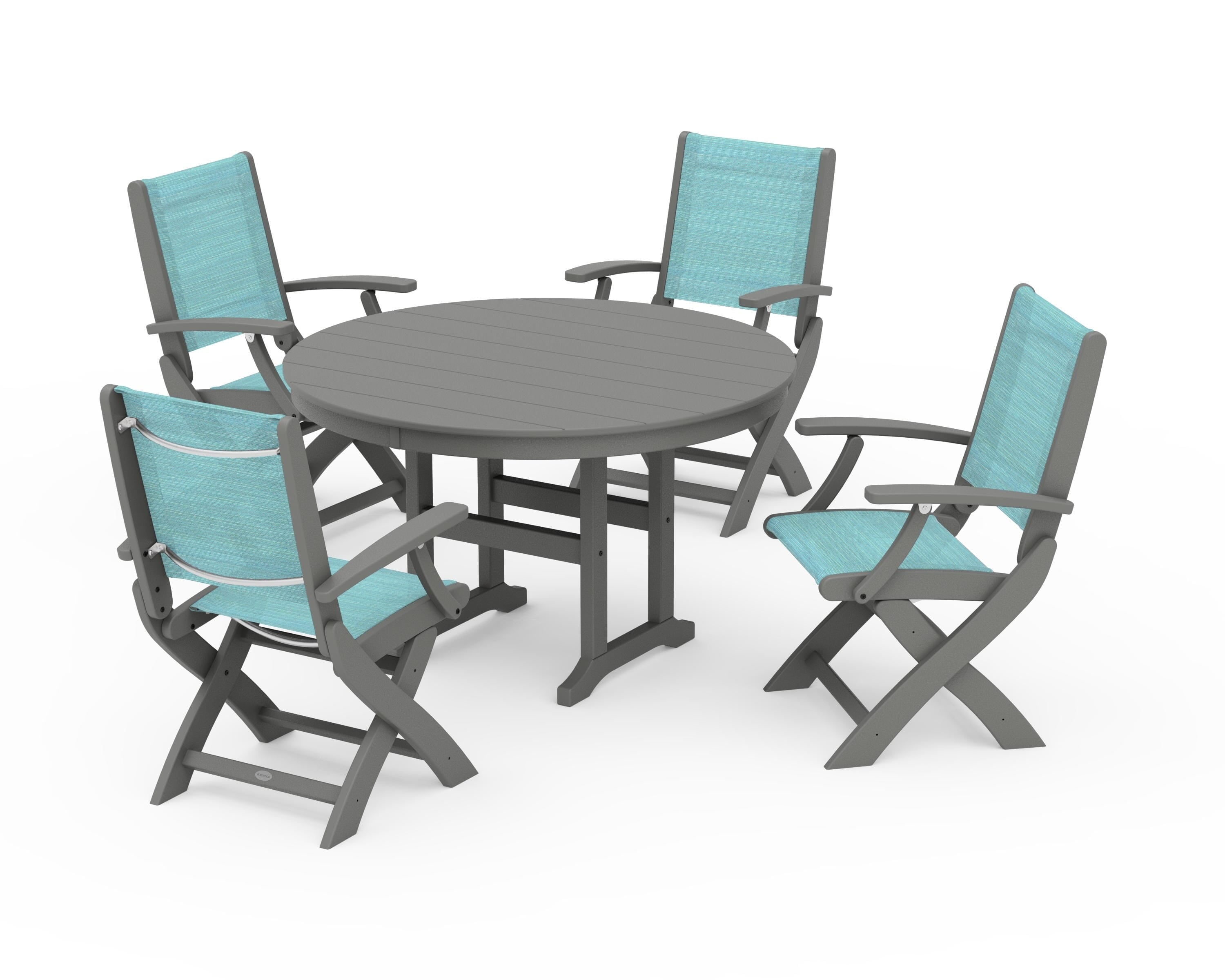POLYWOOD Coastal Folding Chair 5-Piece Round Dining Set in Slate Grey / Dupioni Aquamarine Sling