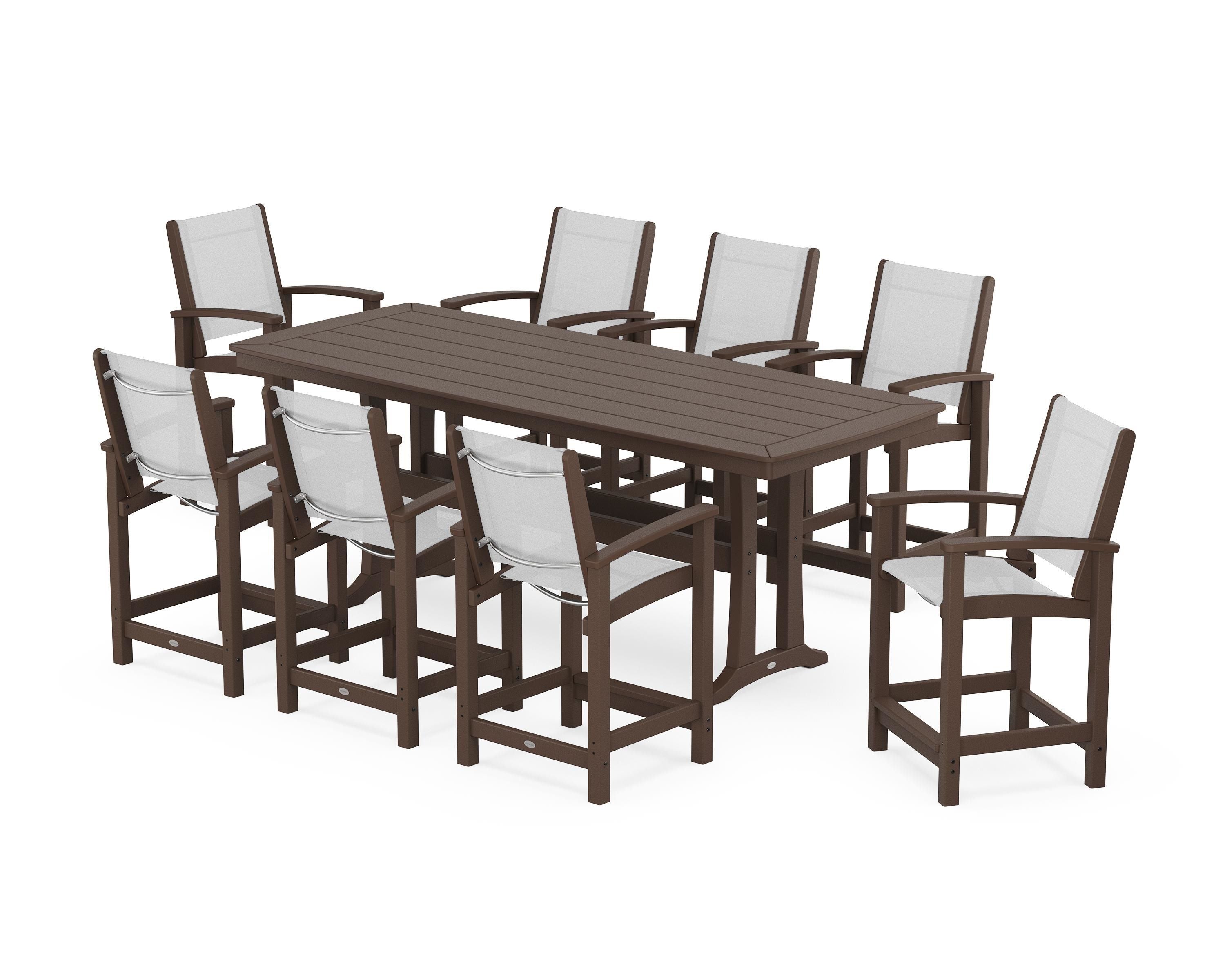POLYWOOD Coastal 9-Piece Counter Set with Trestle Legs in Mahogany / White Sling