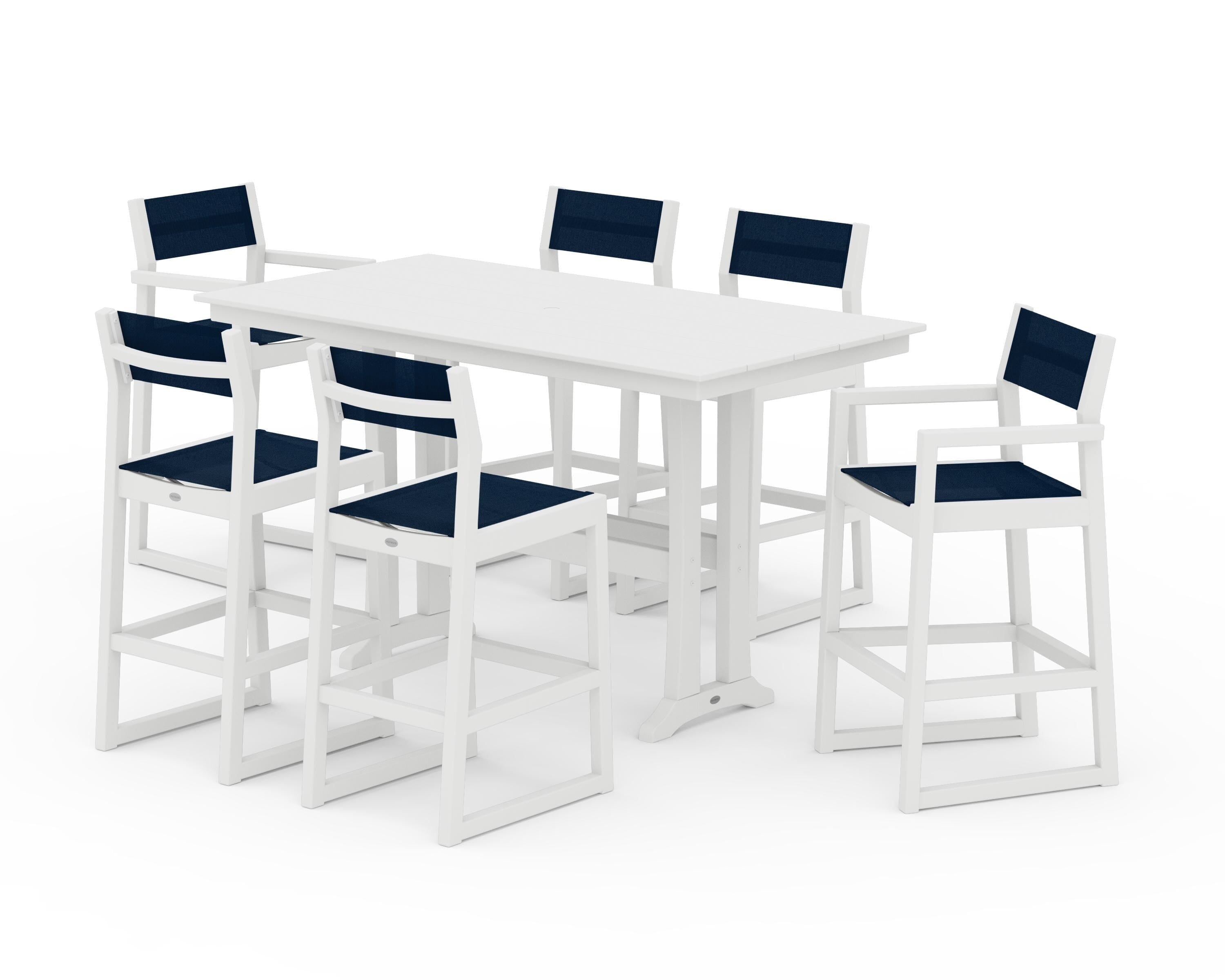 POLYWOOD EDGE Sling 7-Piece Farmhouse Bar Set with Trestle Legs in White / Navy Blue Sling