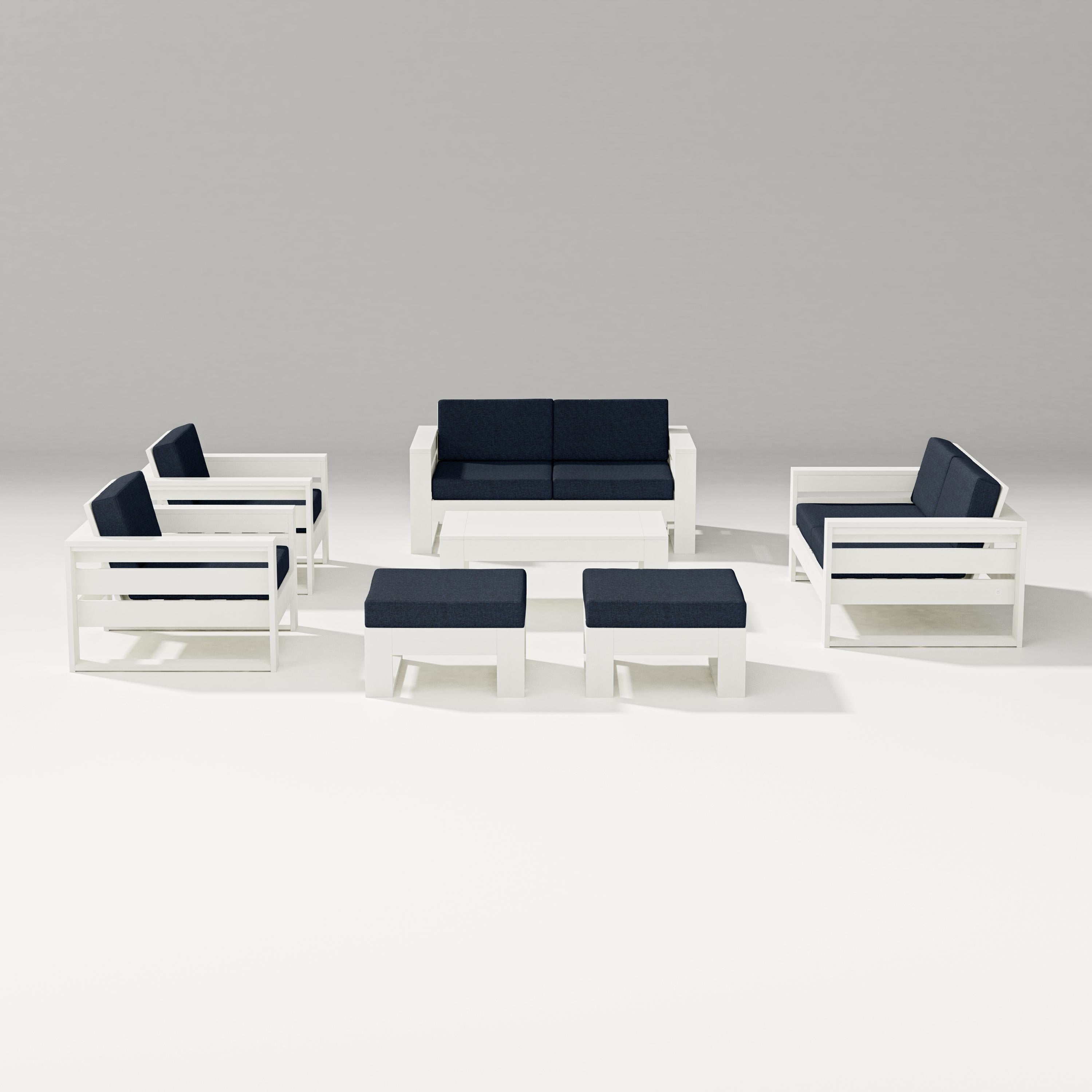 PW Designer Series Latitude 7-Piece Lounge Loveseat Set in Vintage White / Marine Indigo