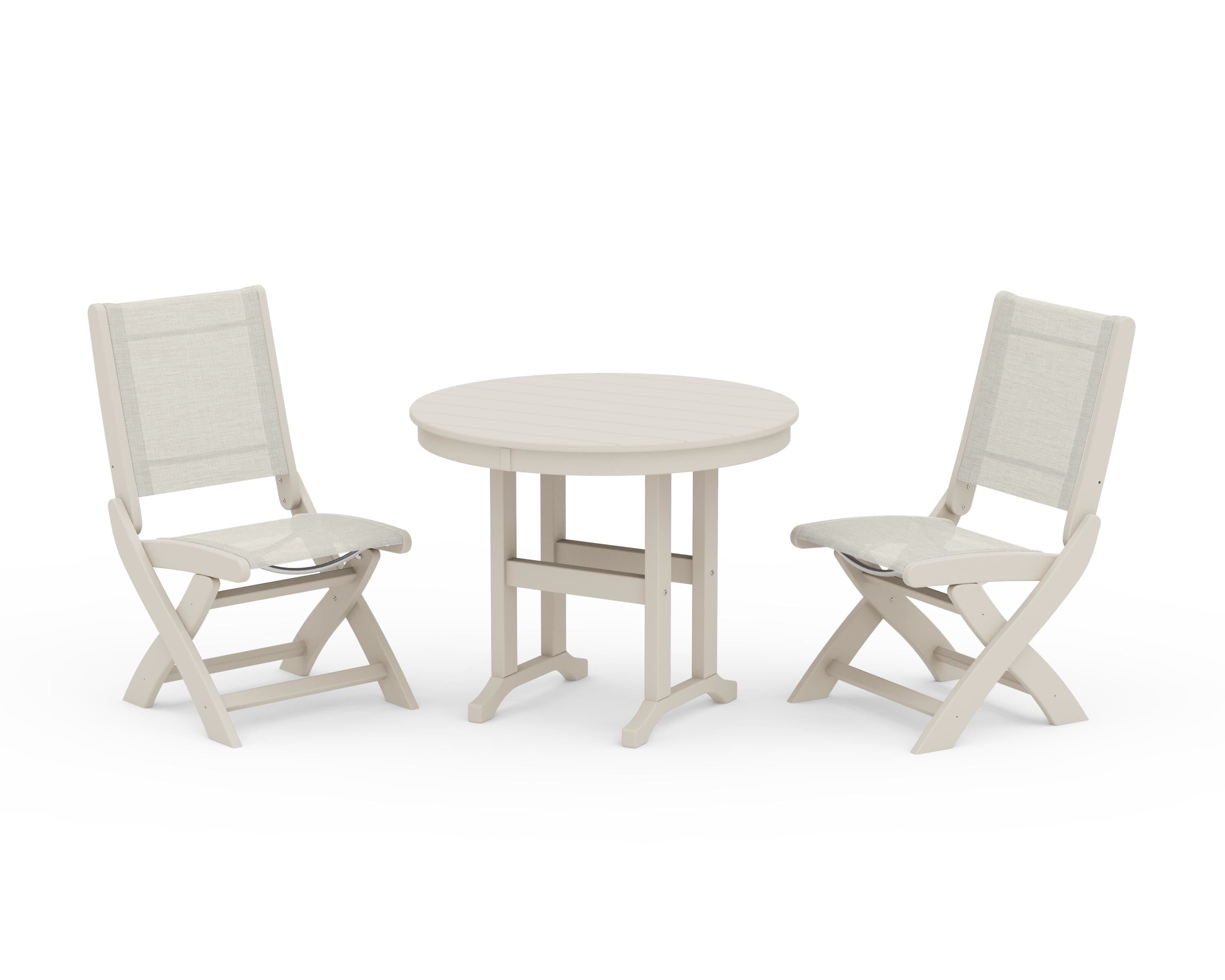 POLYWOOD Coastal Folding Side Chair 3-Piece Round Dining Set in Sand / Parchment Sling