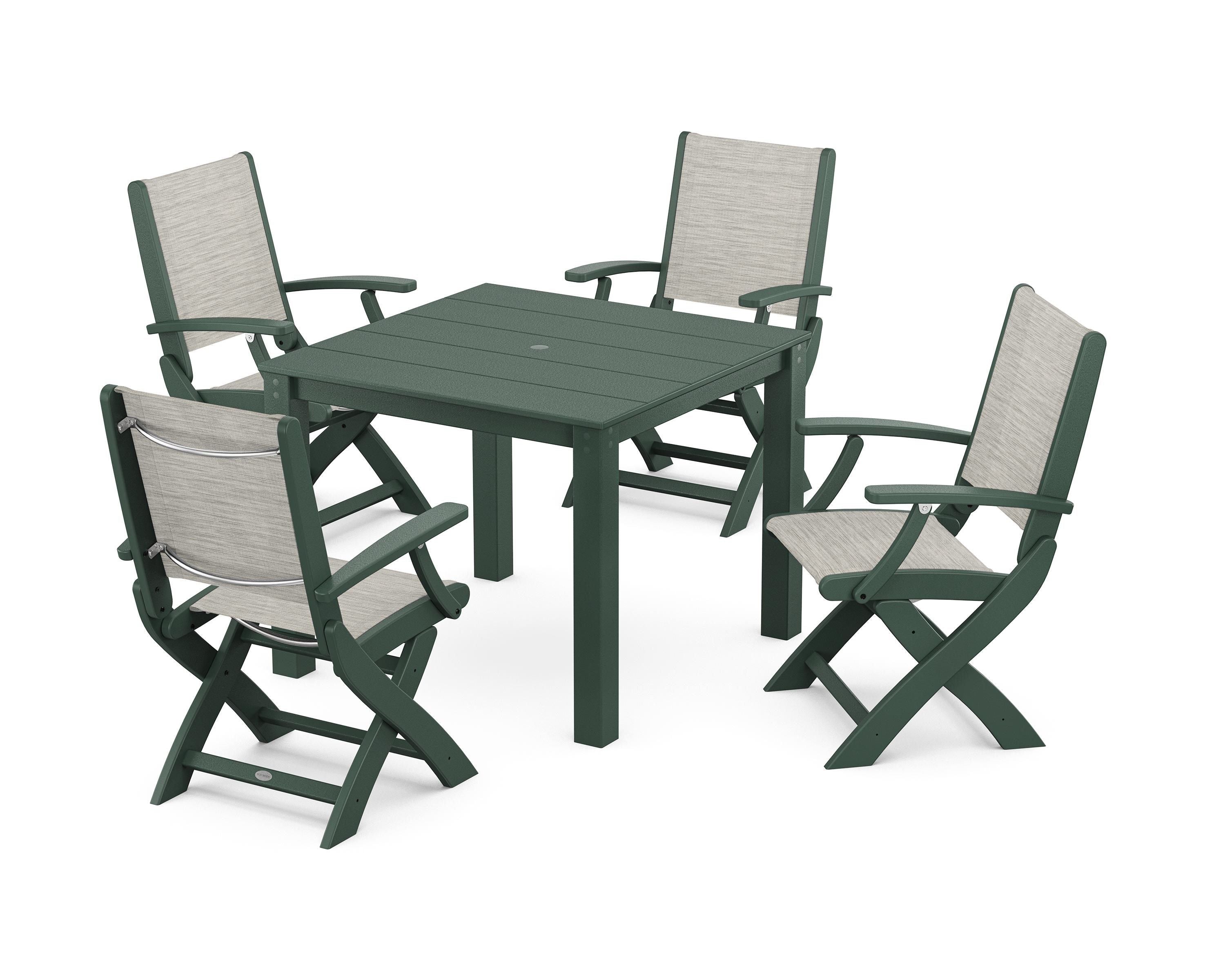 POLYWOOD Coastal Folding Chair 5-Piece Parsons Dining Set in Green / Birch Sling