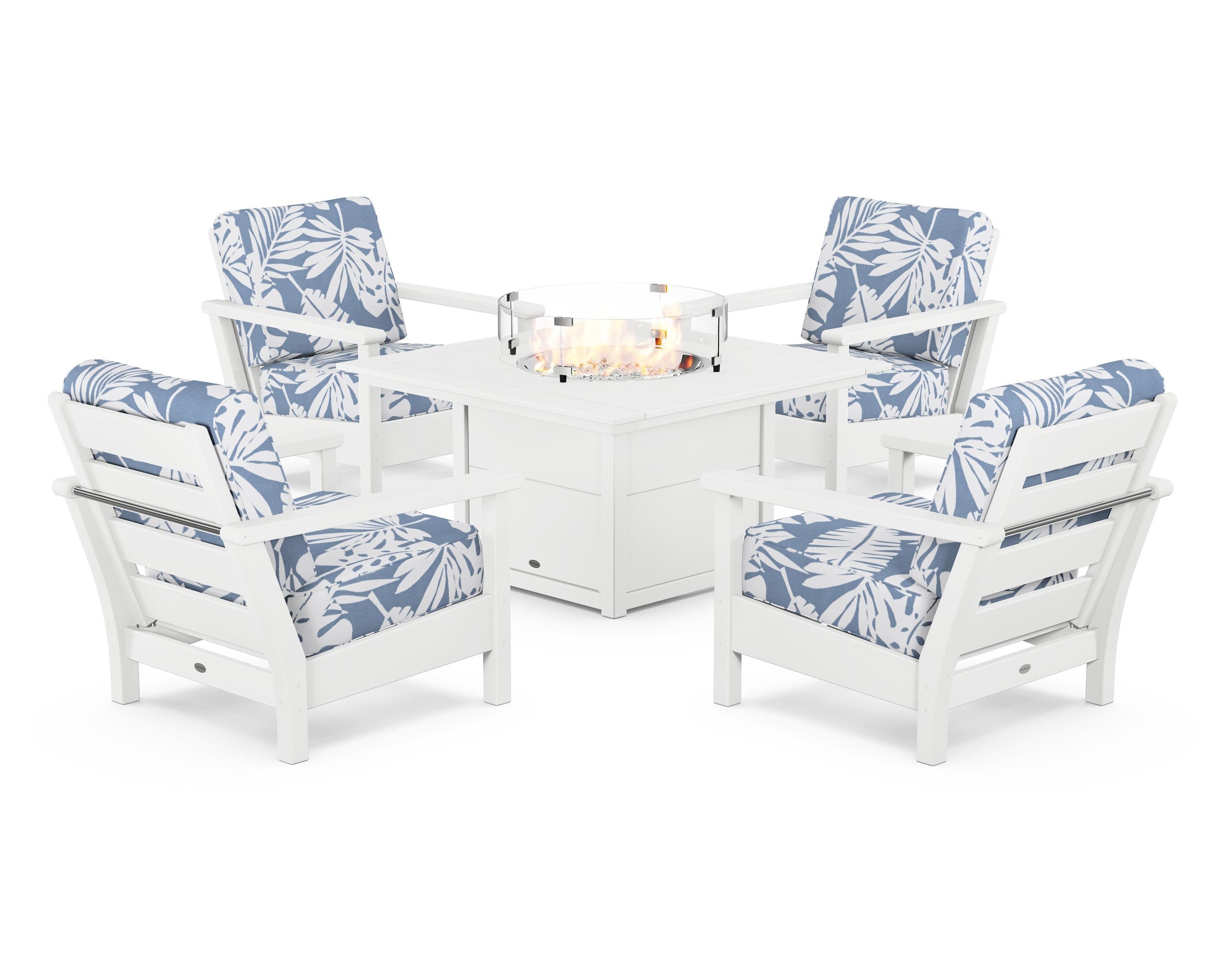 POLYWOOD Harbour 5-Piece Conversation Set with Fire Pit Table in White / Leaf Sky Blue