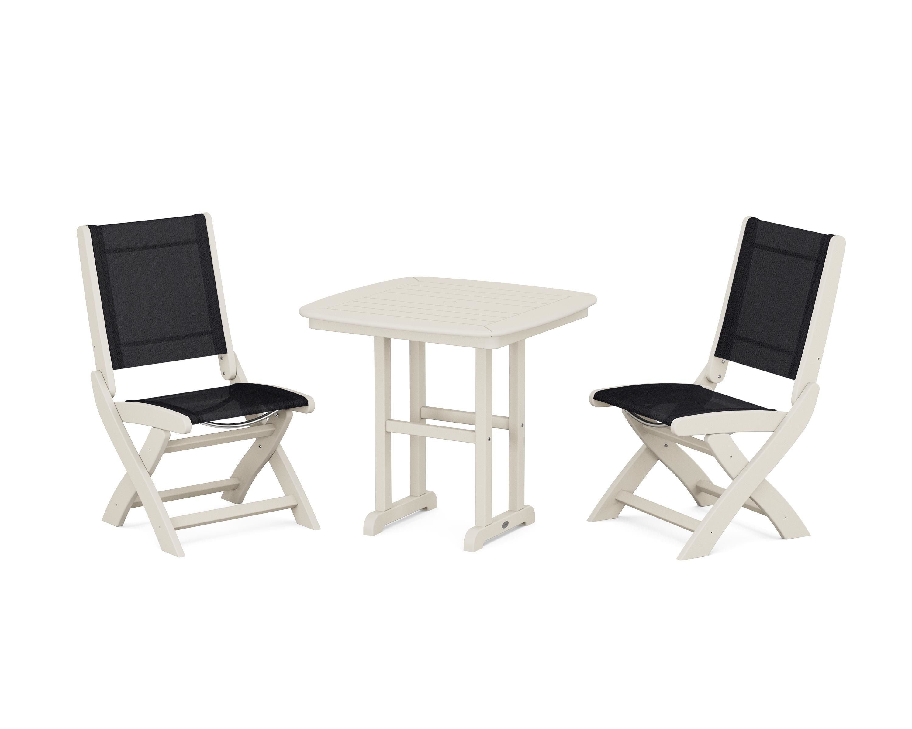 POLYWOOD Coastal Folding Side Chair 3-Piece Dining Set in Sand / Black Sling