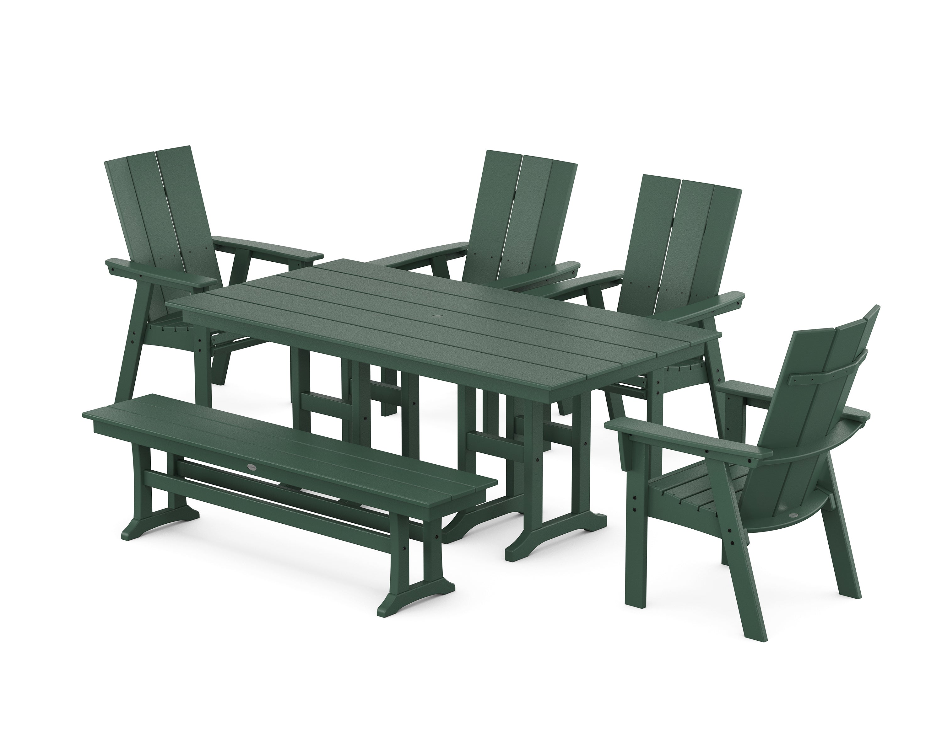 POLYWOOD Modern Curveback Adirondack 6-Piece Farmhouse Dining Set with Bench in Green