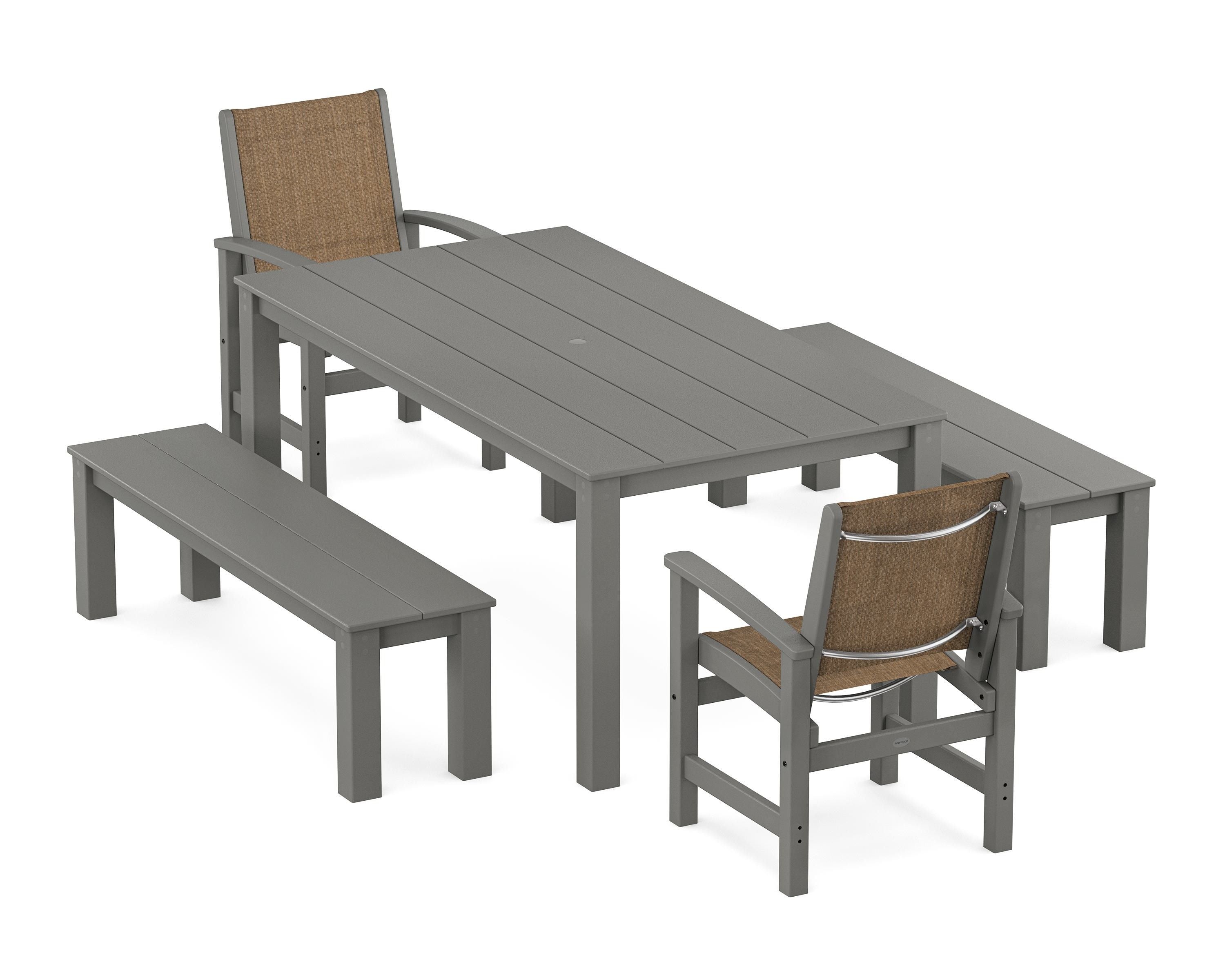 POLYWOOD Coastal 5-Piece Parsons Dining Set with Benches in Slate Grey / Burlap Sling